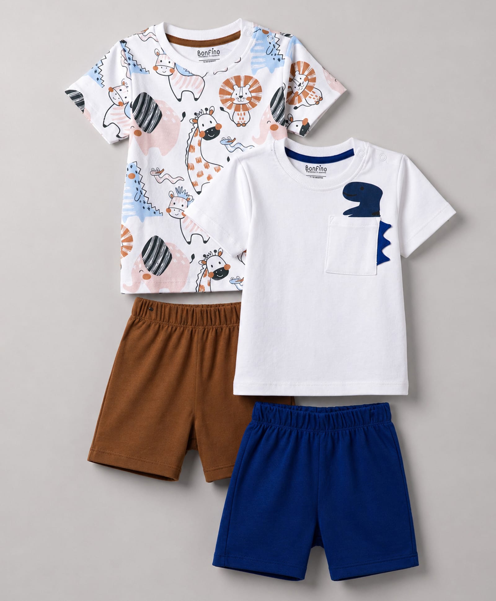 Bonfino 100% Cotton Knit Half Sleeves T-Shirt & Shorts Night Suit with Animals Print & Applique Pack of 2 - White-picture-8