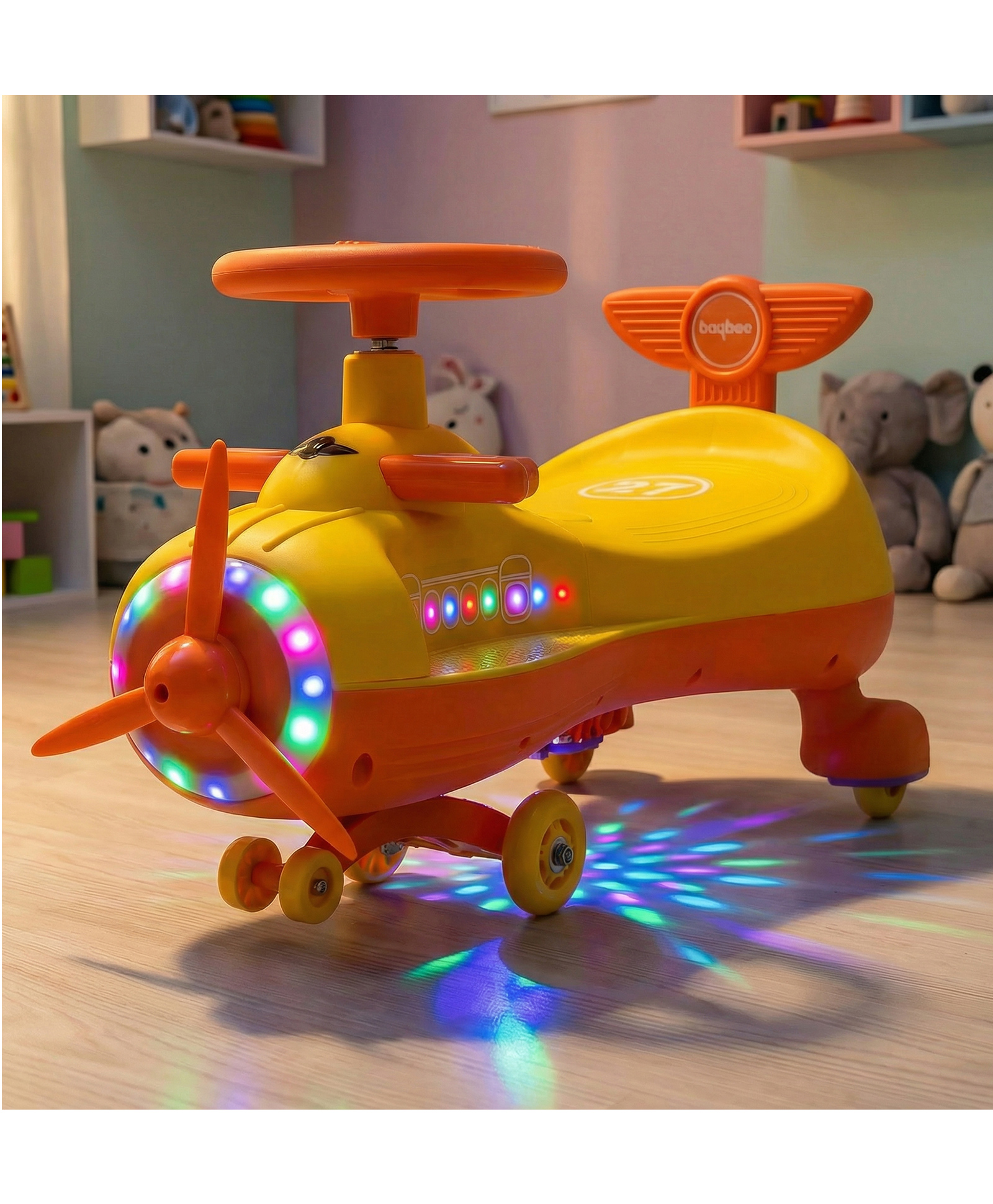 Baybee Cruzo Swing Car for Kids | Twister & Manual Push Ride on Baby Car with RGB Light & Music | Magic Car for Kids with 360° Steering & Backrest | Kids Car for 2 - 5 Years Boy Girl (Yellow)