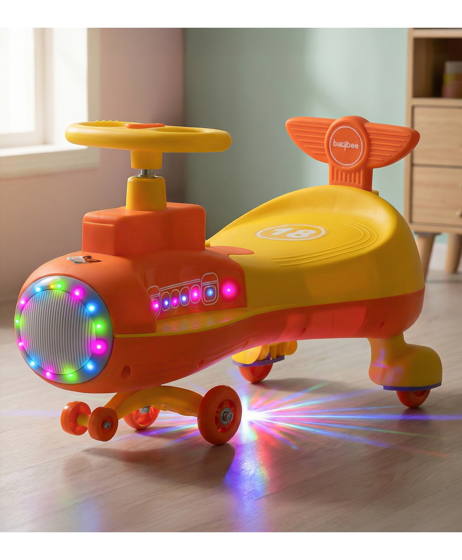 Baybee Zygo Swing Car for Kids | Twister & Manual Push Ride on Baby Car with RGB Light & Music | Magic Car for Kids with 360° Steering & Backrest | Kids Car for 2 - 5 Years Boy Girl (Yellow)