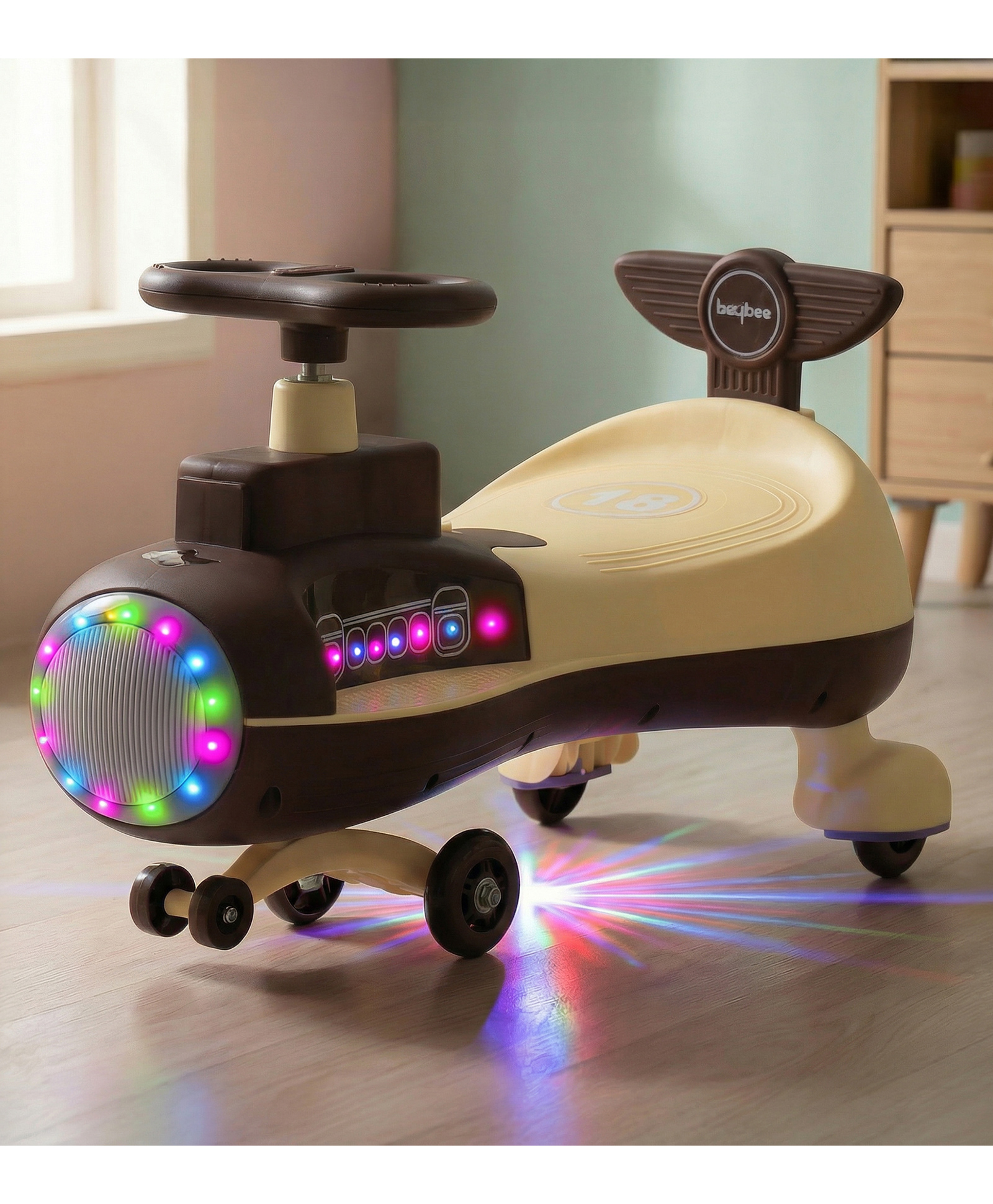 Baybee Zygo Swing Car for Kids | Twister & Manual Push Ride on Baby Car with RGB Light & Music | Magic Car for Kids with 360° Steering & Backrest | Kids Car for 2 - 5 Years Boy Girl (Brown)