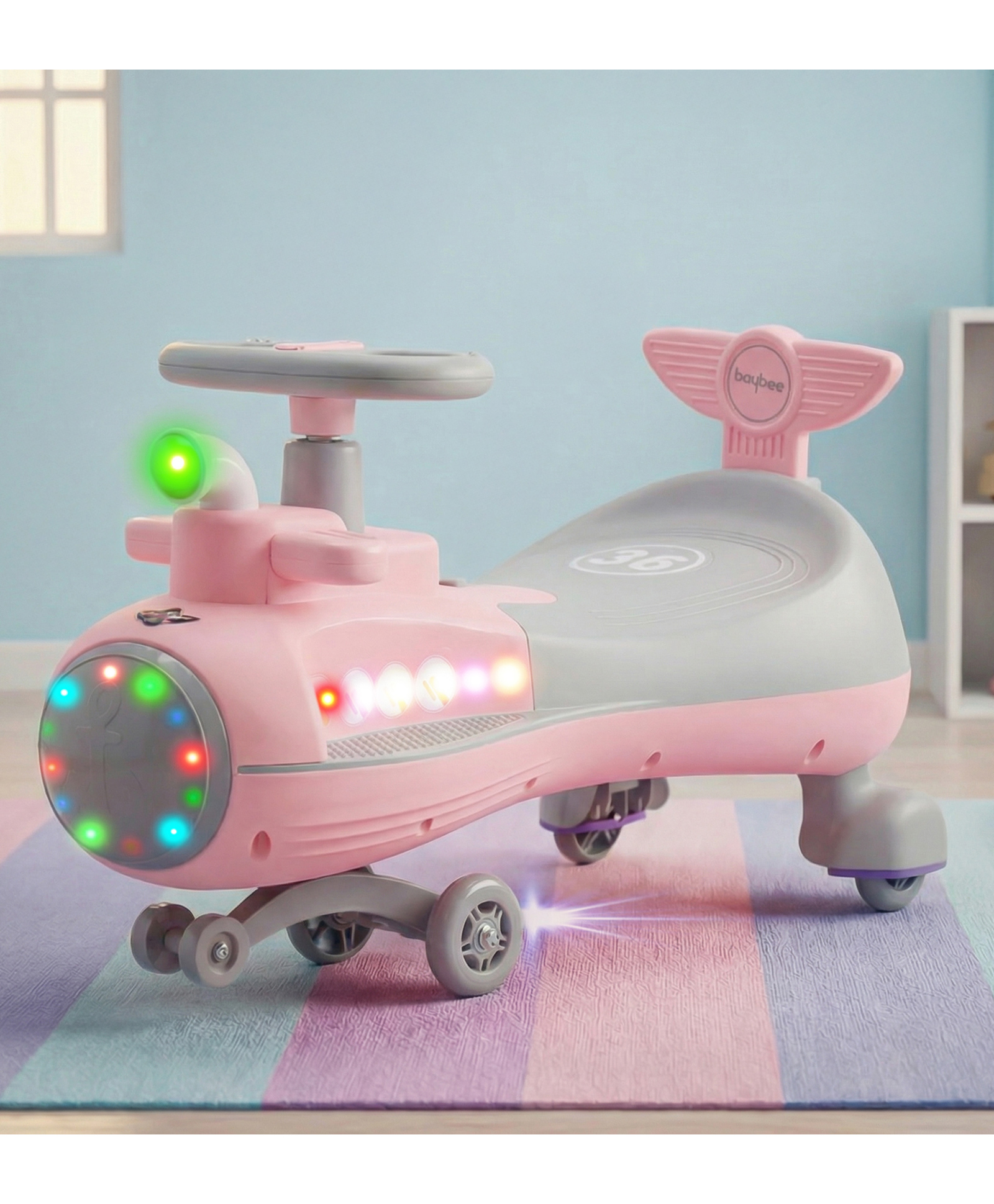 Baybee Diver Swing Car for Kids | Twister & Manual Push Ride on Baby Car with RGB Light & Music | Magic Car for Kids with 360° Steering & Backrest | Kids Car for 2 - 5 Years Boy Girl (Pink)