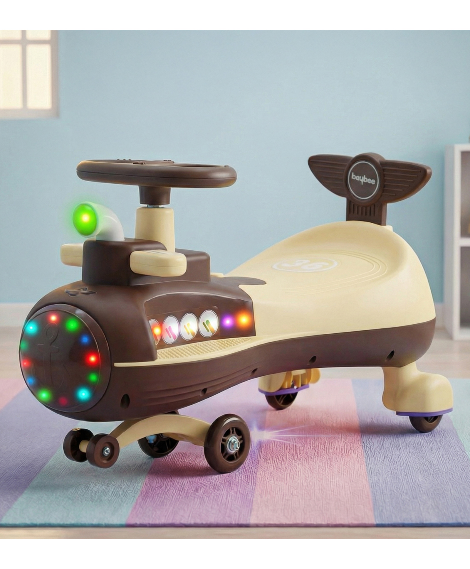 Baybee Diver Swing Car for Kids | Twister & Manual Push Ride on Baby Car with RGB Light & Music | Magic Car for Kids with 360° Steering & Backrest | Kids Car for 2 - 5 Years Boy Girl (Brown)-image-27
