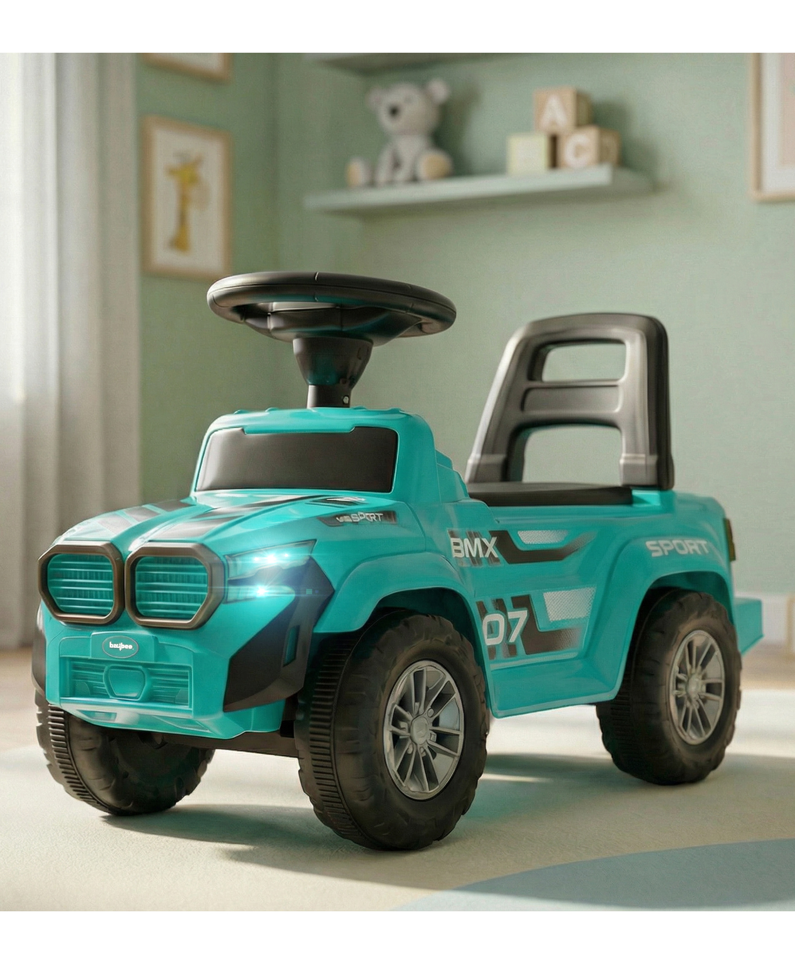 Baybee Nitro Ride on Cars for Kids | Baby Manual Push Ride ons Toys Car with Music & LED Light | Portable Ride on Jeep with Backrest & Toy Storage | Outdoor Kids Cars (Teal Green)-image-1
