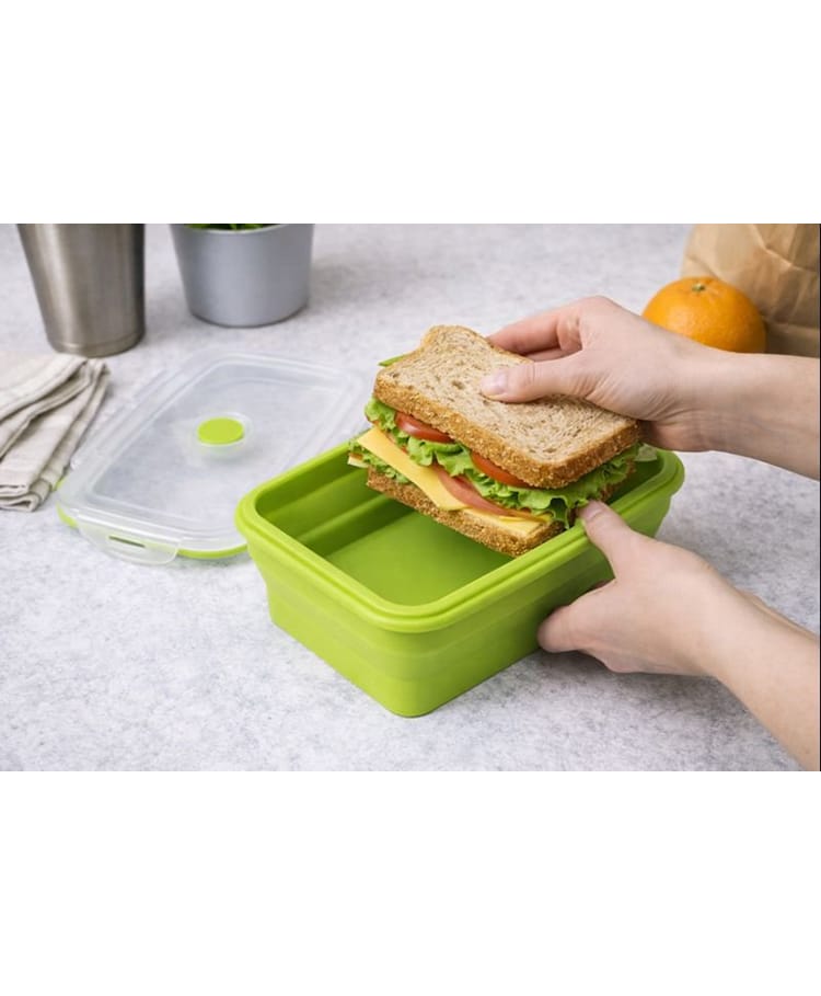 The Quirk Box Collapsible Silicone Lunch Box with Airtight Lid | Foldable Food Storage Container - 800 ml - Green-picture-11