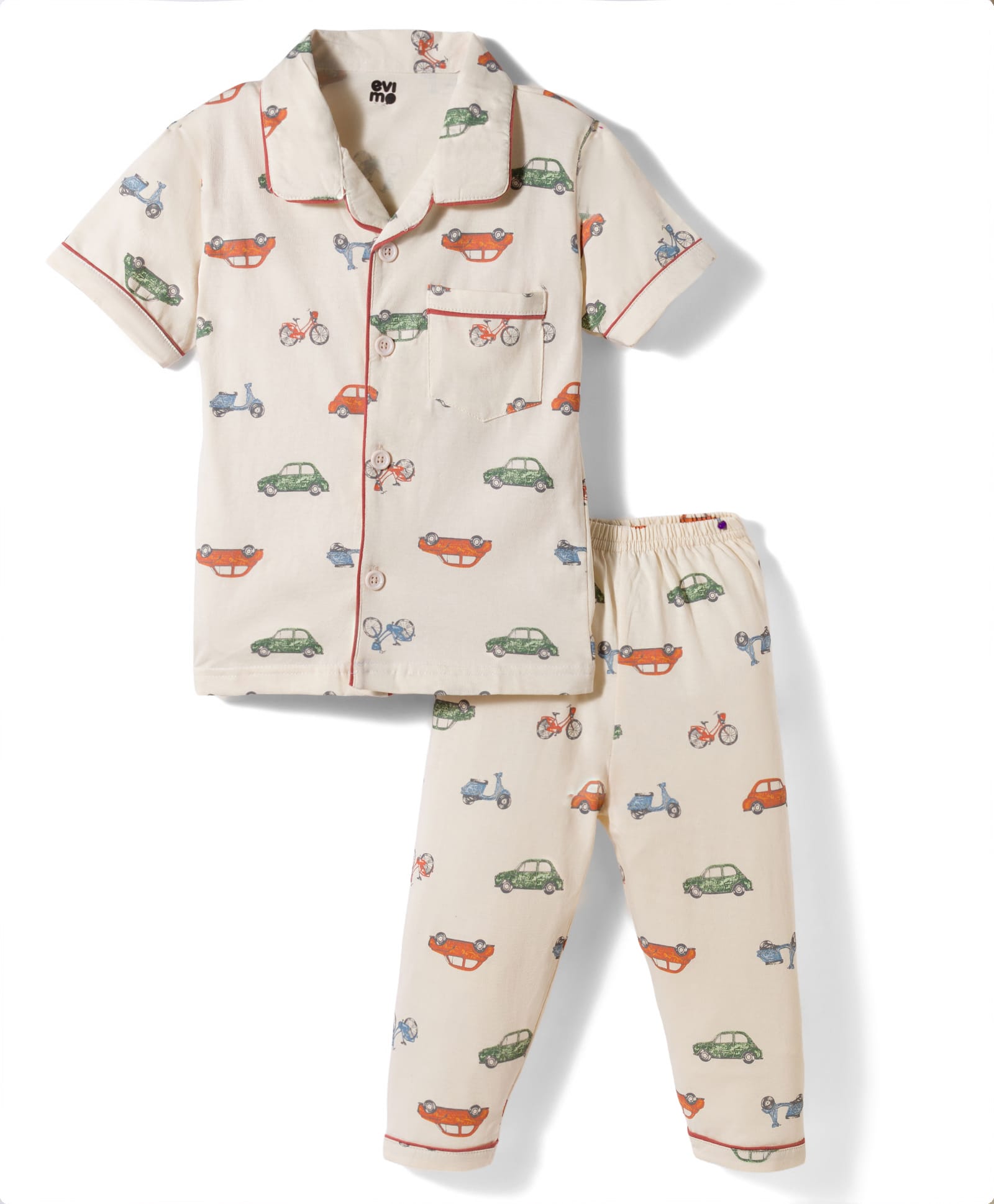 Evimo Single Jersey Knit Half Sleeves Car Printed Shirt & Pyjama Co-Ord Night Suit - Cream-picture-39
