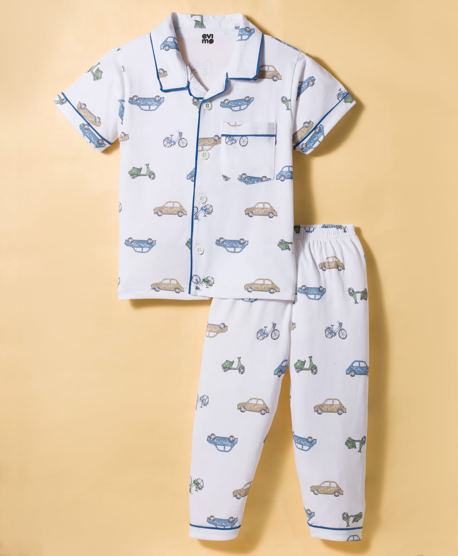 Evimo Single Jersey Knit Half Sleeves Car Printed Shirt & Pyjama Co-Ord Night Suit - White-picture-45