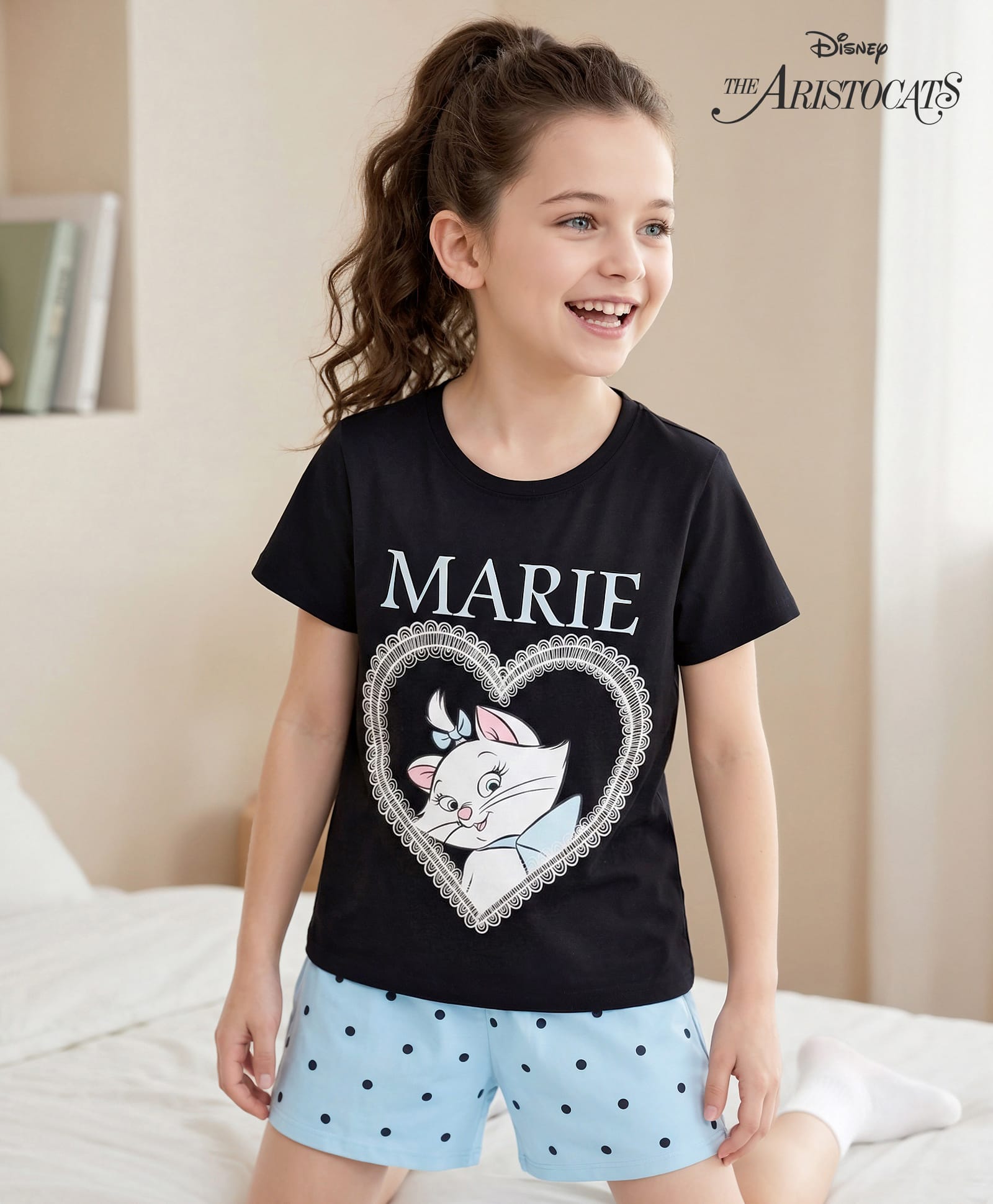 Pine Kids Disney Single Jersey Knit Half Sleeves T-Shirt & Shorts Night Suit With Marie Graphics - Blue-picture-26