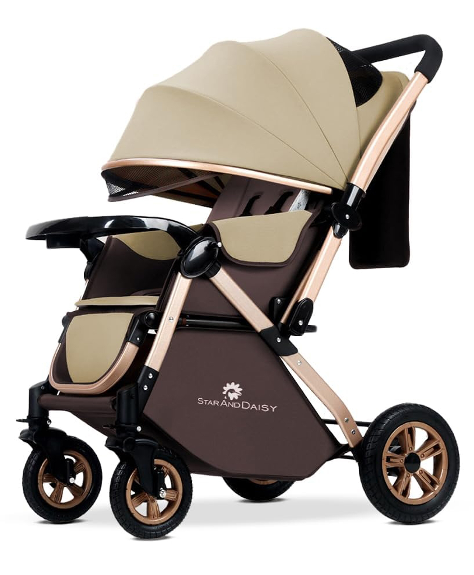 StarAndDaisy Baby Stroller Pram With Foldable Design, Food Tray, 4 Wheel Suspension, Convertible & Adjustable Seat, 5 Point Safety Belt, Light Weight & Convenient - Brown-picture-24