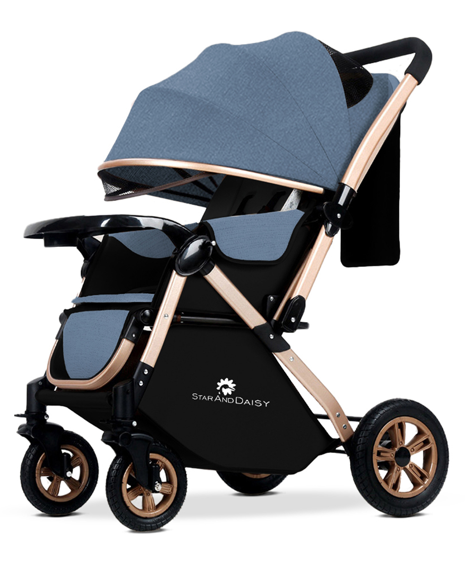 StarAndDaisy Baby Stroller Pram With Foldable Design, Food Tray, 4 Wheel Suspension, Convertible & Adjustable Seat, 5 Point Safety Belt, Light Weight & Convenient - Blue-picture-10