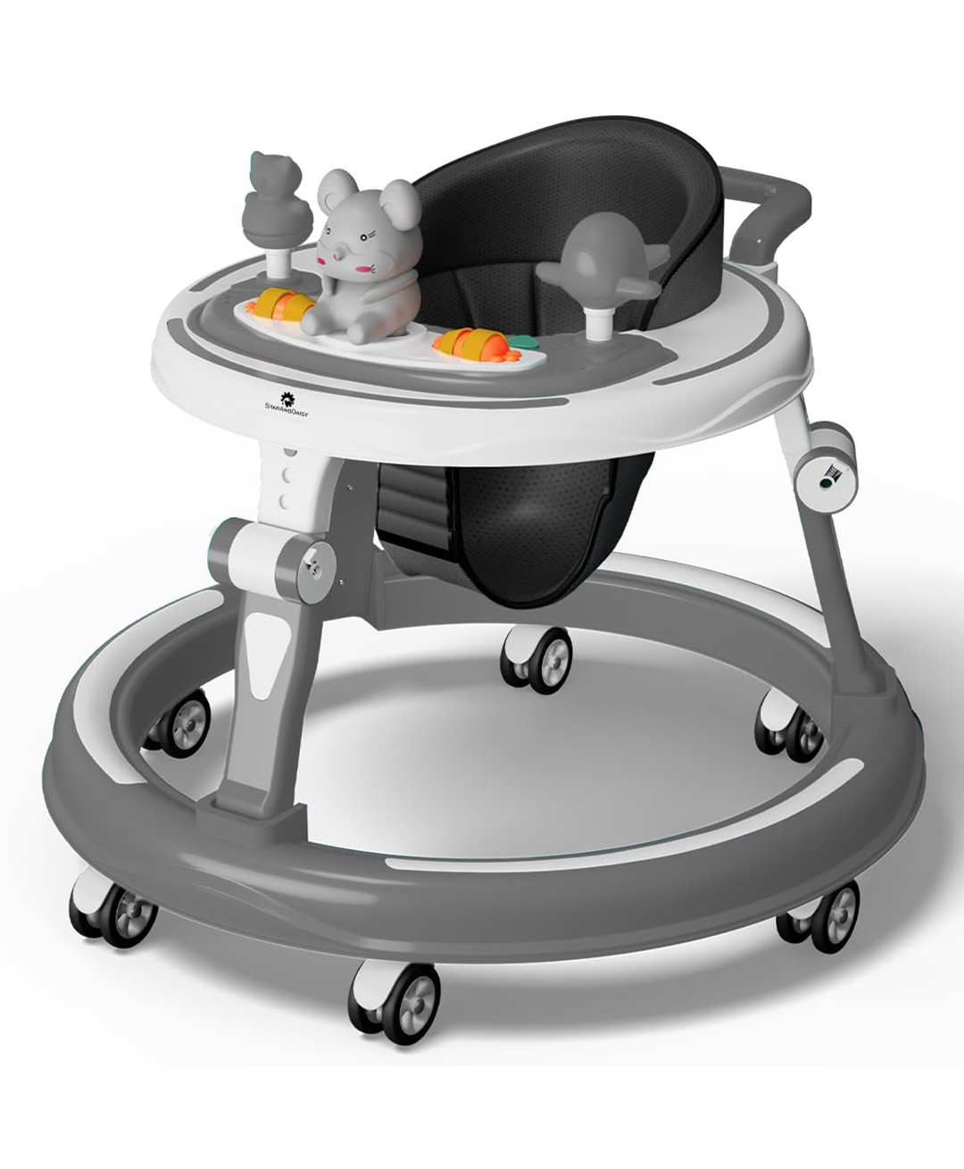 StarAndDaisy 360 Premium Baby Walker 7 Level Height Adjustment For Kids With Switchable Food & Musical Toy Tray - Grey