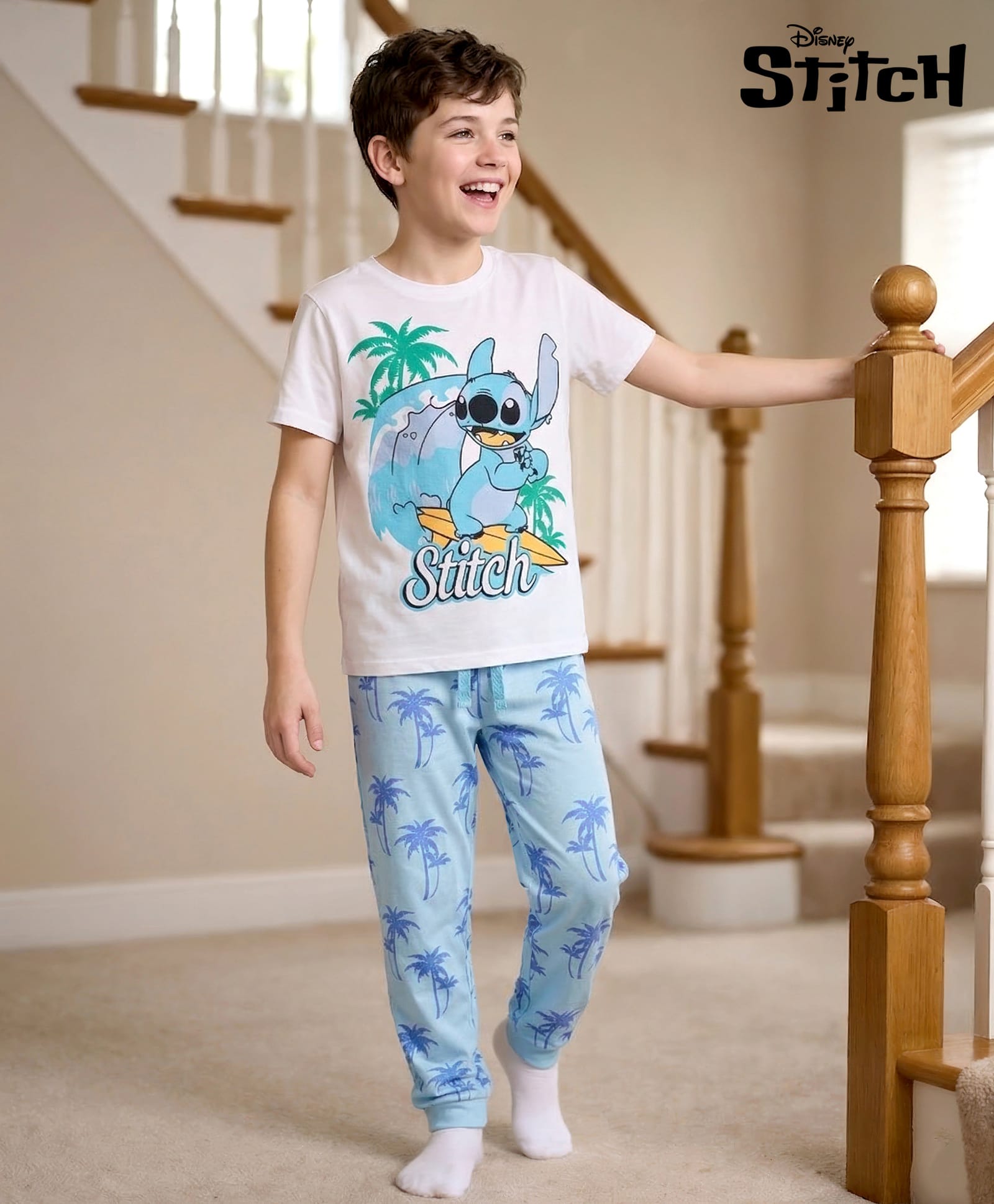Pine Kids Disney Single Jersey Knit Half Sleeves T-Shirt & Pajama Night Suit with Stitch Graphics - White & Blue-picture-29