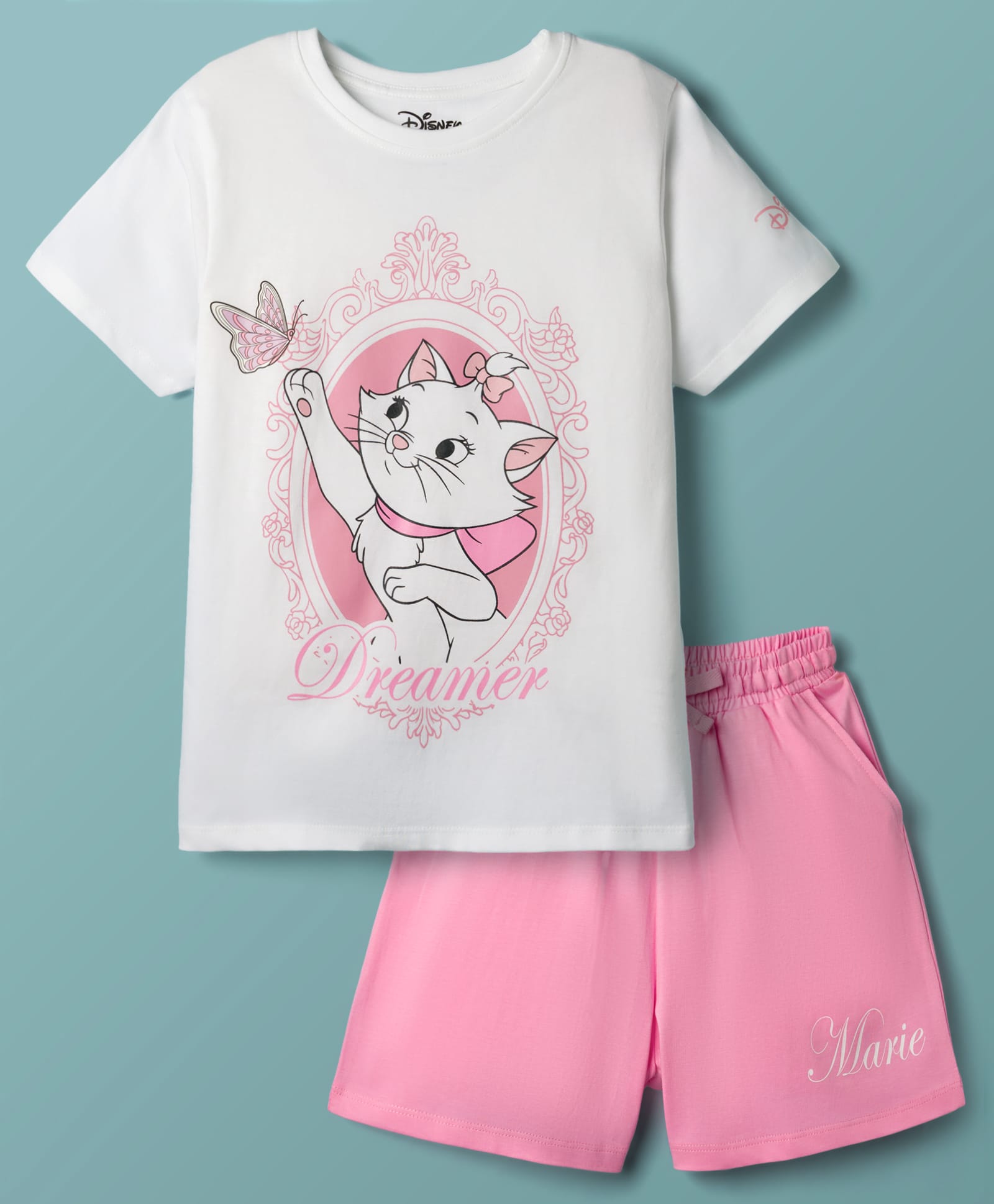 Pine Kids Disney Single Jersey Knit Half Sleeves Short Night Suit with Marie Graphic - Pink & White-picture-31