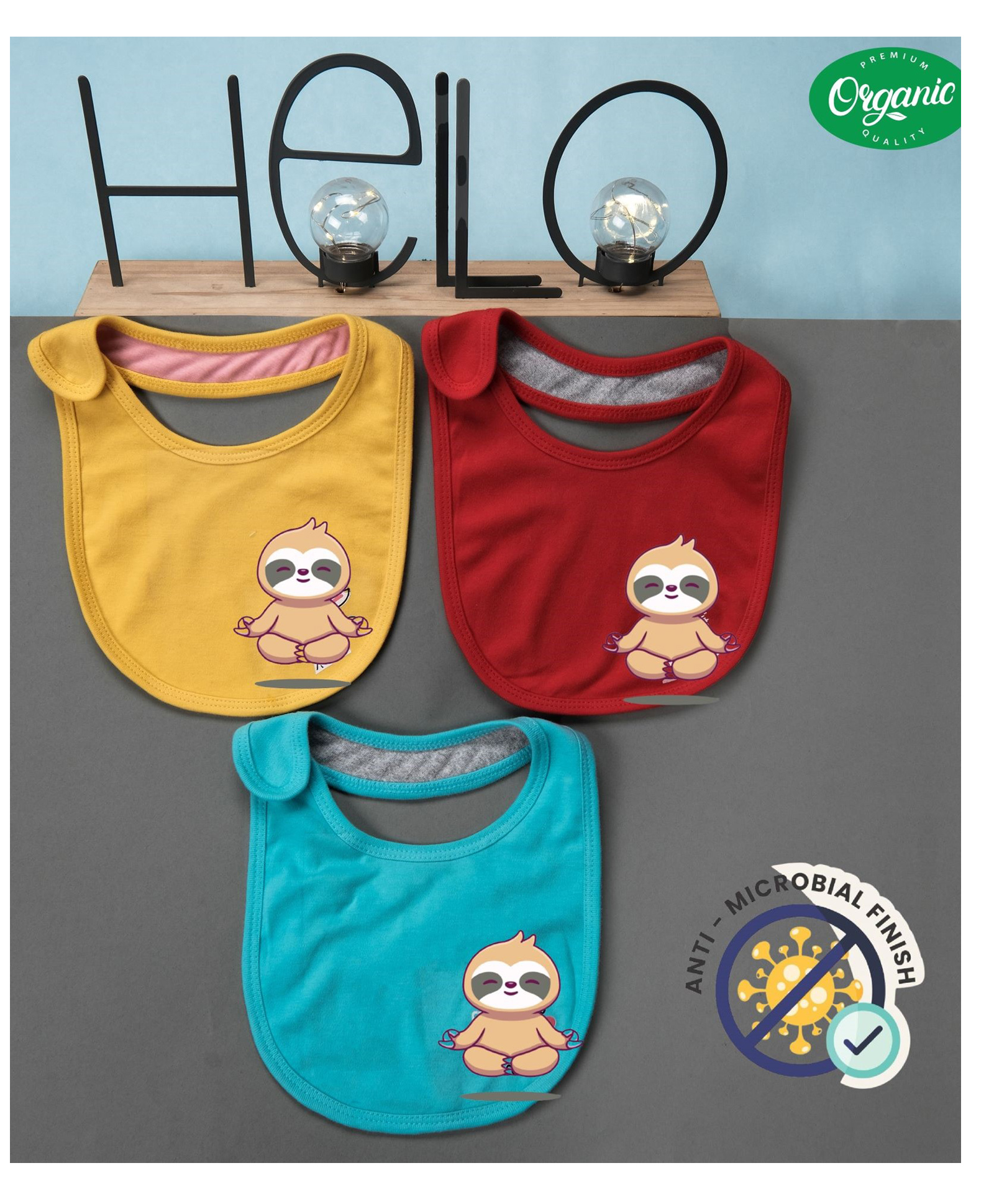 Cocoon Organics Cotton Double Layer Koala Print Bibs Pack of 3 - Yellow Red & Sky Blue-image-39