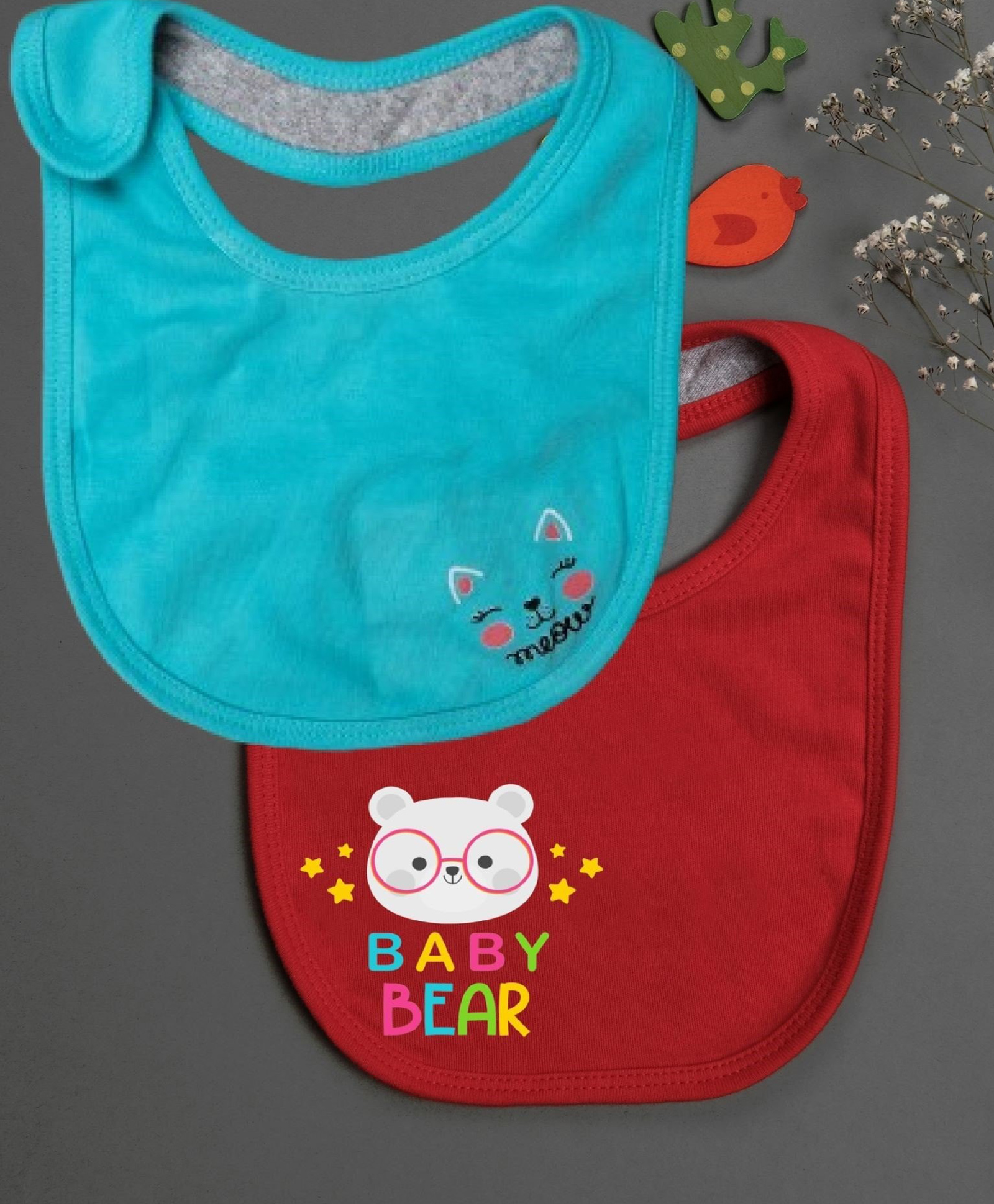 Cocoon Organics Cotton Double Layer Baby Bear & Cat Print Bibs Pack of 2 - Red & Sky Blue-image-18