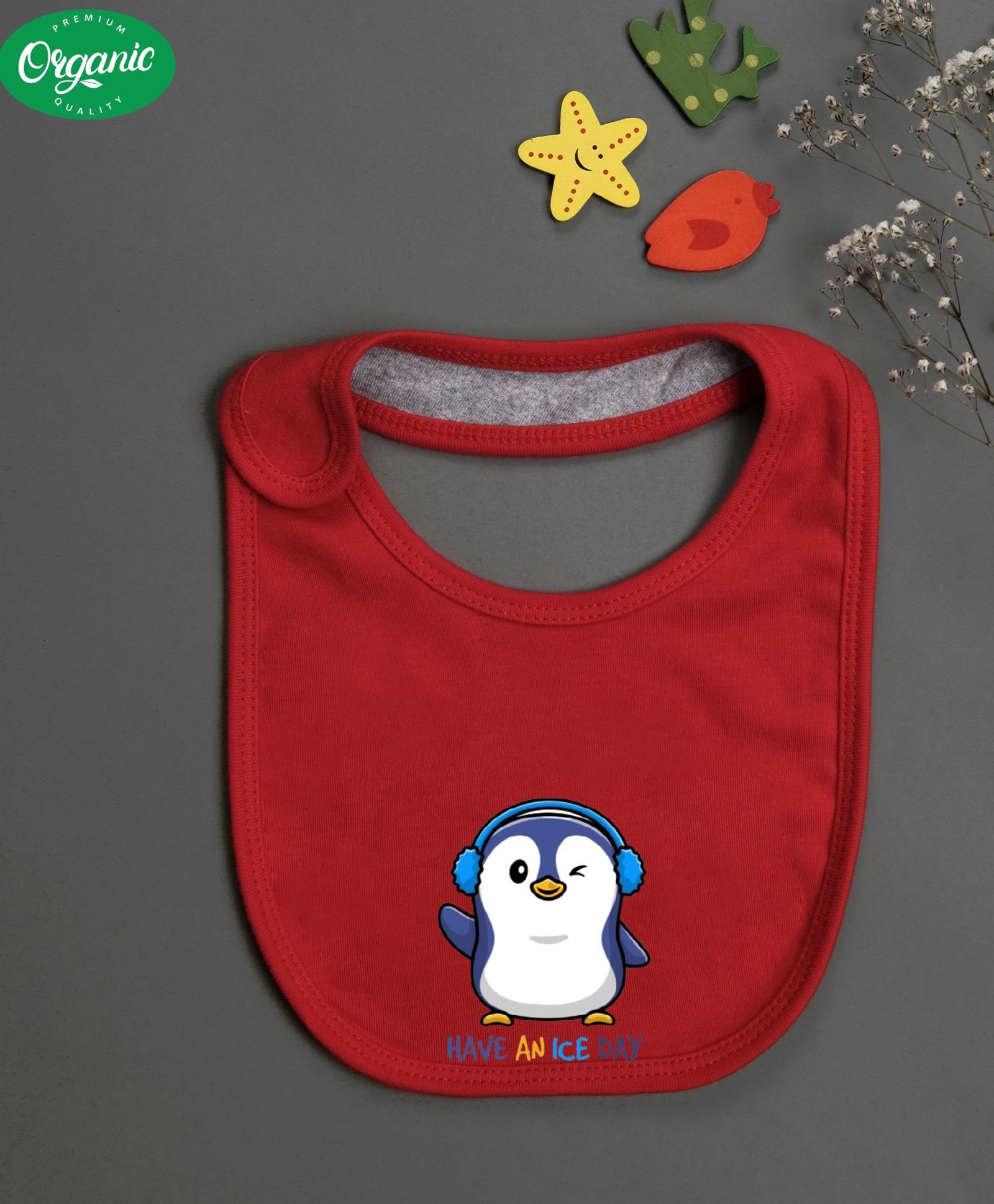 Cocoon Organics Cotton Double Layer Penguin Print Bib - Red-image-40