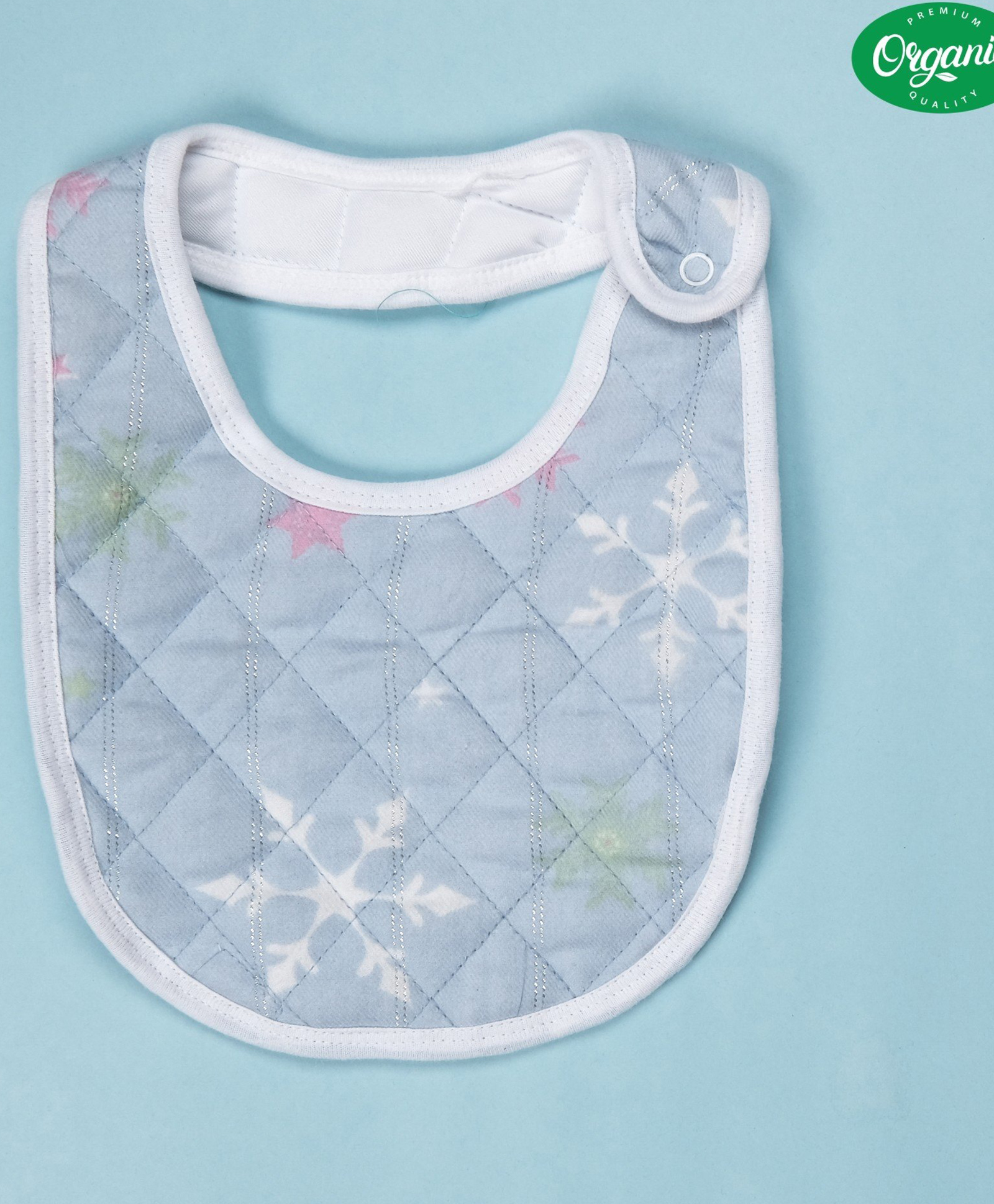 Cocoon Organics Cotton Multi Layer Padded Highly Absorbant Snow Flakes Print Bib - Sky Blue & White-image-23