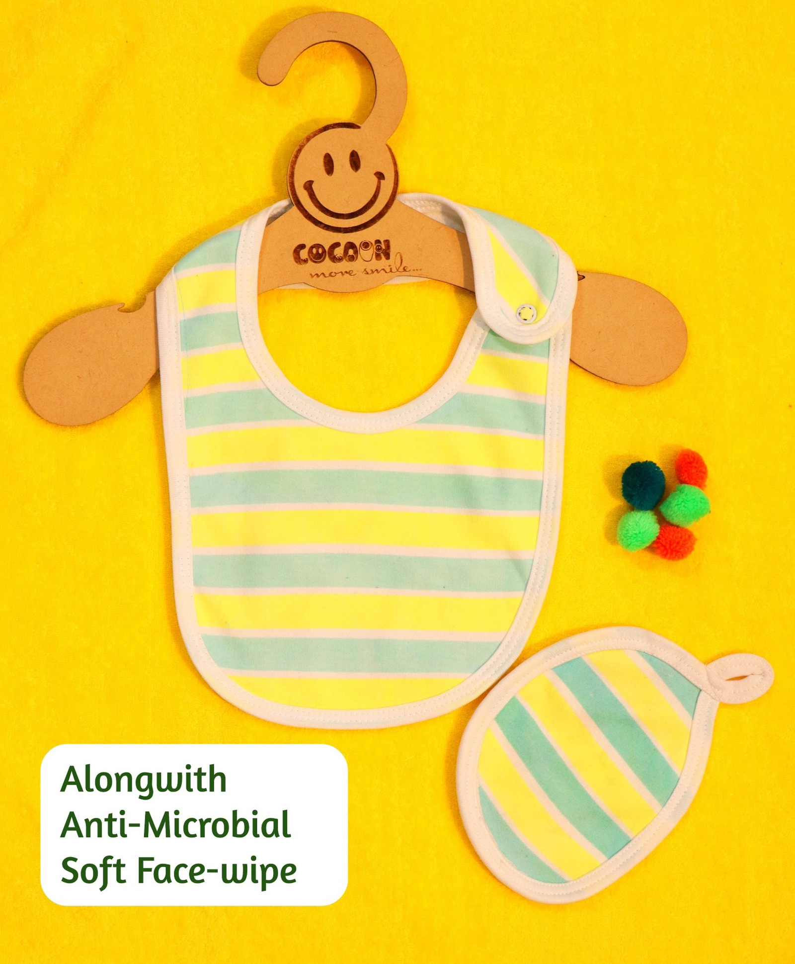 Cocoon Organics Cotton Double Layer Stripe Print Bib & Baby Face Wipe Set - Yellow & Green-image-44
