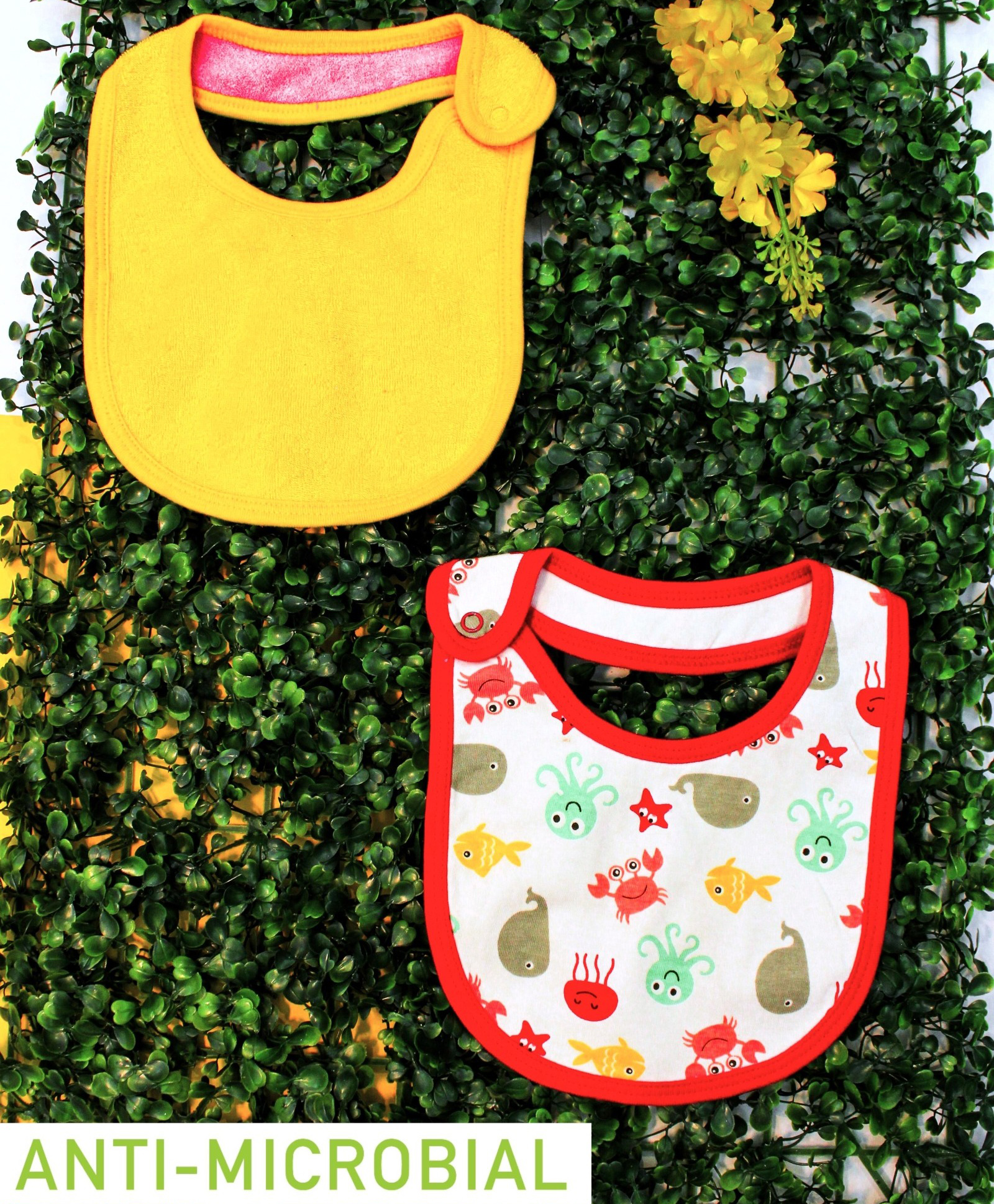 Cocoon Organics Cotton Double Sided With One Side Towel Layer Solid & Sea Animal Print Highly Absorbant Bibs Pack of 2 - Yellow & Red-image-21