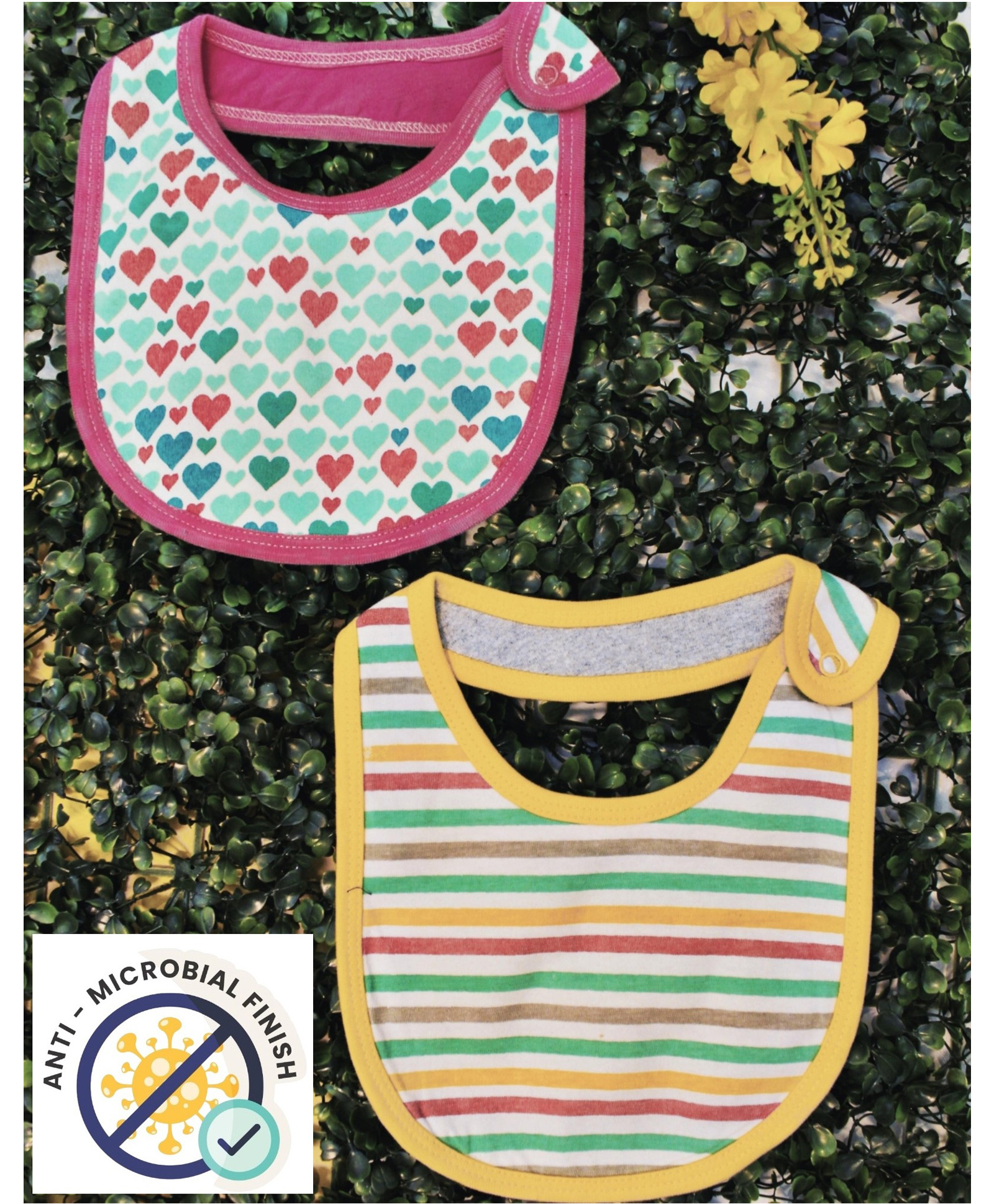Cocoon Organics Cotton Double Sided With One Side Towel Layer Stripe & Heart Print Highly Absorbant Bibs Pack of 2 - Yellow Pink & Green-image-22