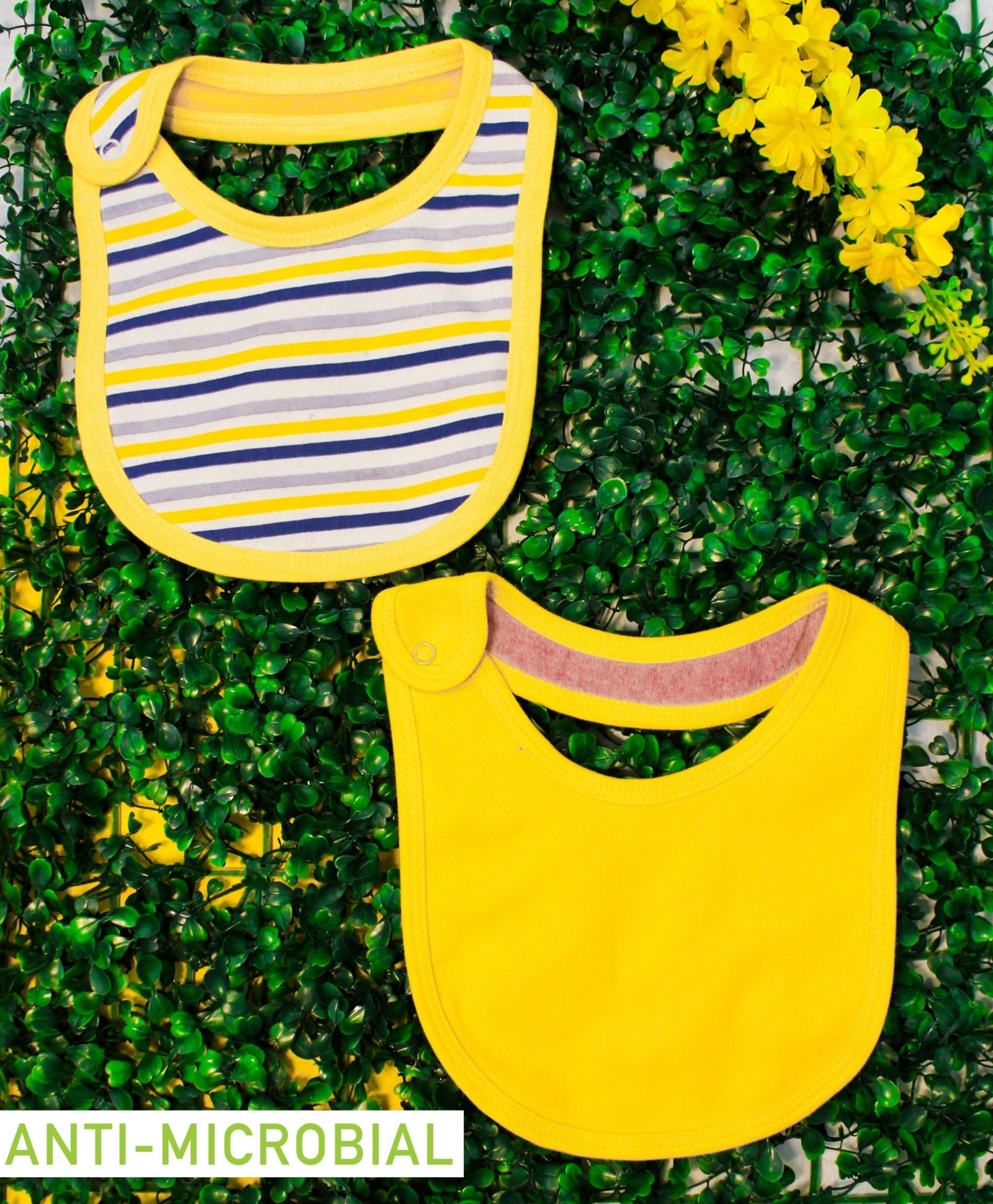 Cocoon Organics Cotton Double Sided With One Side Towel Layer Solid & Stripe Print Highly Absorbant Bibs Pack of 2 - Yellow & Blue-image-23