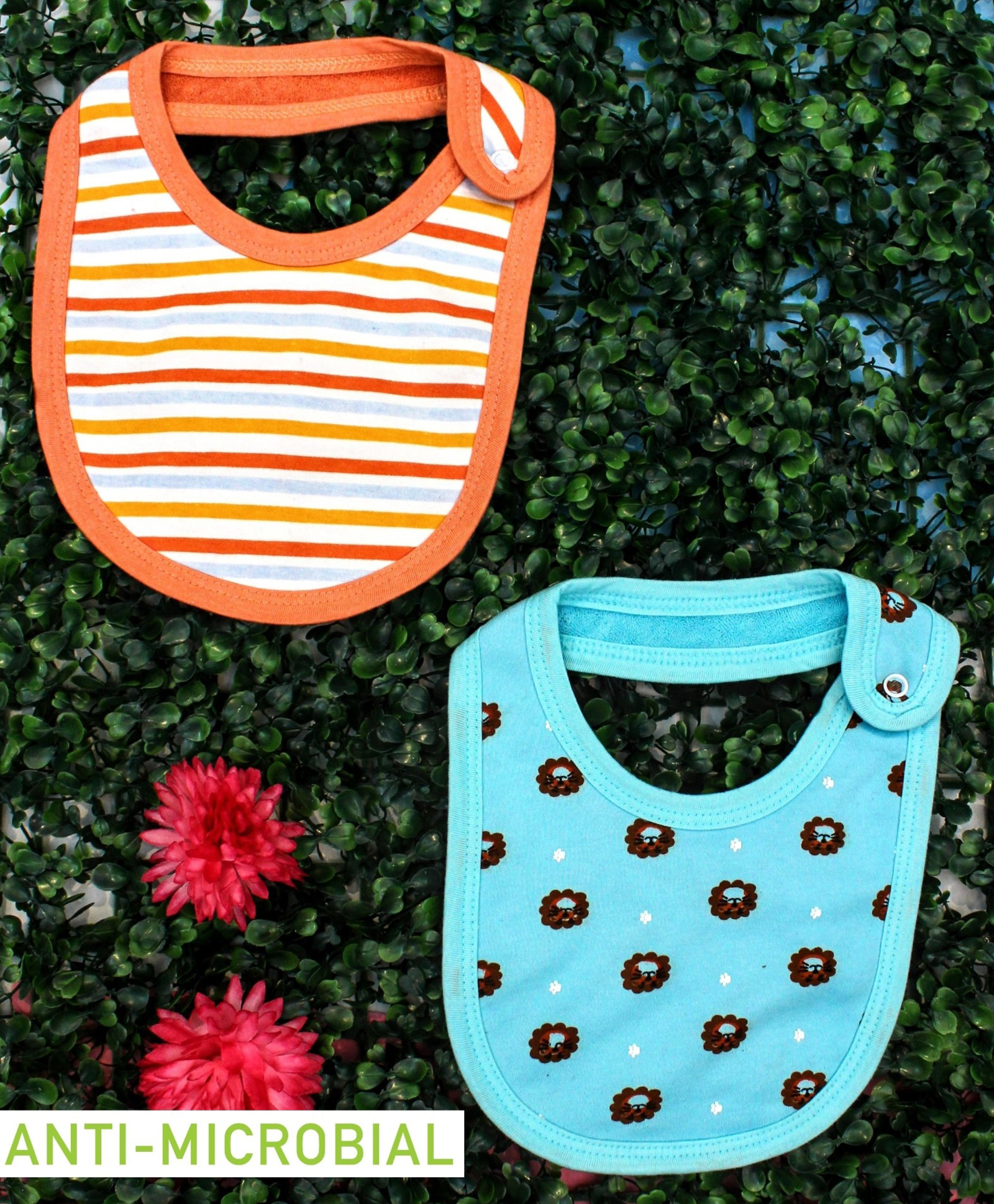 Cocoon Organics Cotton Double Sided With One Side Towel Layer Bear & Stripe Print Highly Absorbant Bibs Pack of 2 - Orange & Sky Blue-image-24