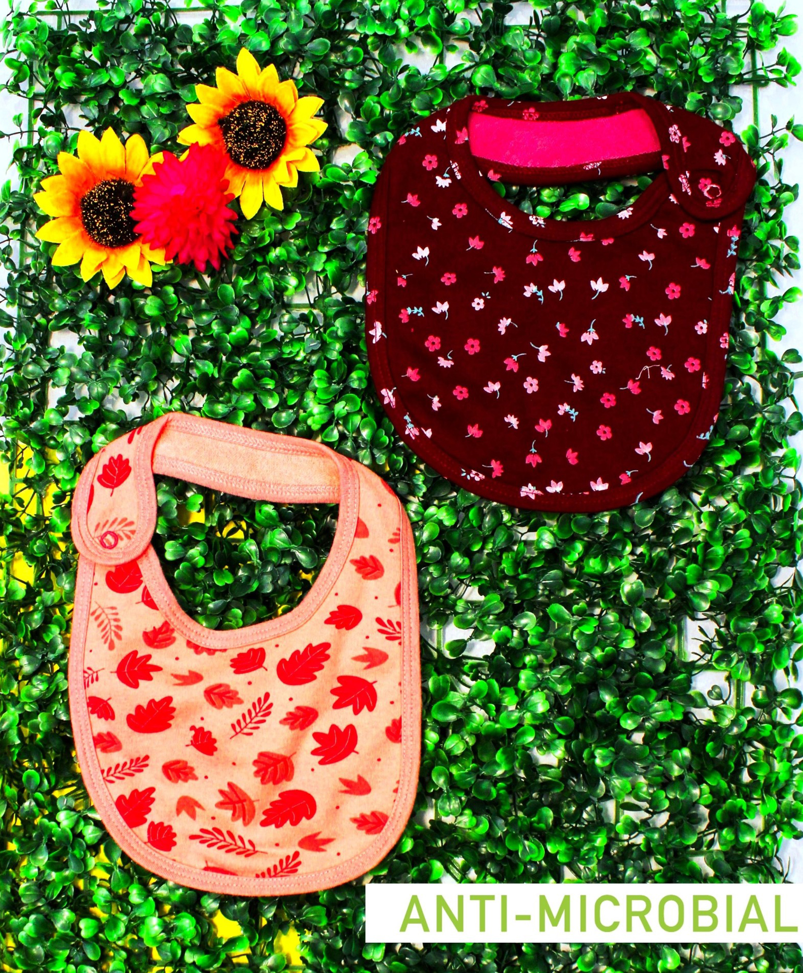Cocoon Organics Cotton Double Sided With One Side Towel Layer Floral Print Highly Absorbant Bibs Pack of 2 - Peach & Dark Red-image-25