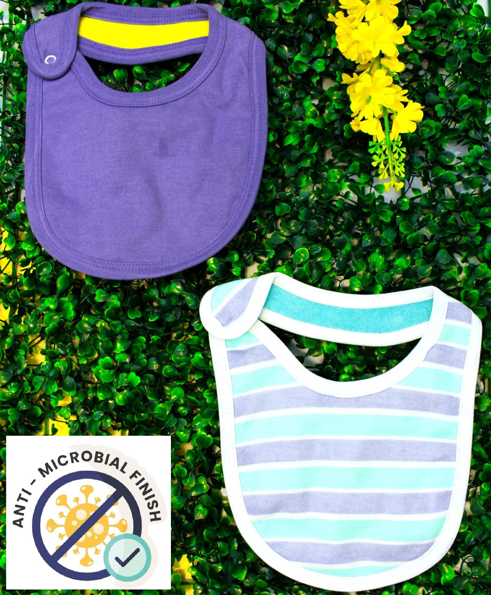 Cocoon Organics Cotton Double Sided With One Side Towel Layer Solid & Stripe Print Highly Absorbant Bibs Pack of 2 - Purple Blue & Green-image-26