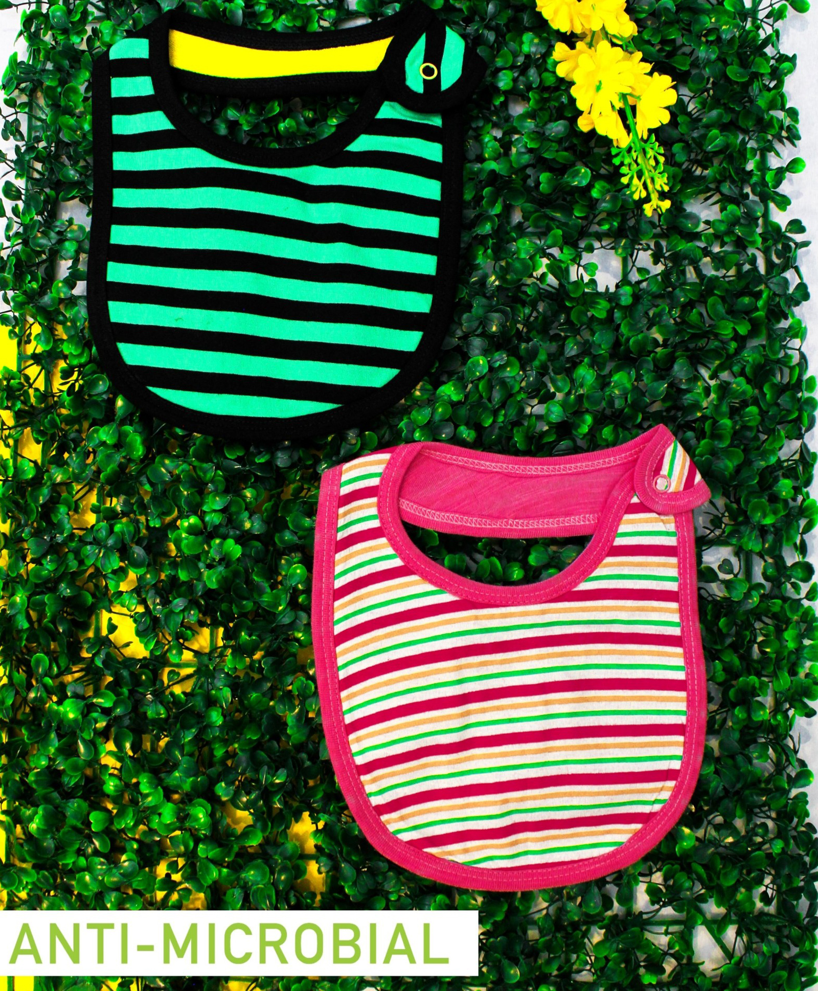 Cocoon Organics Cotton Double Sided With One Side Towel Layer Stripe Print Highly Absorbant Bibs Pack of 2 - Pink Black & Green-image-27