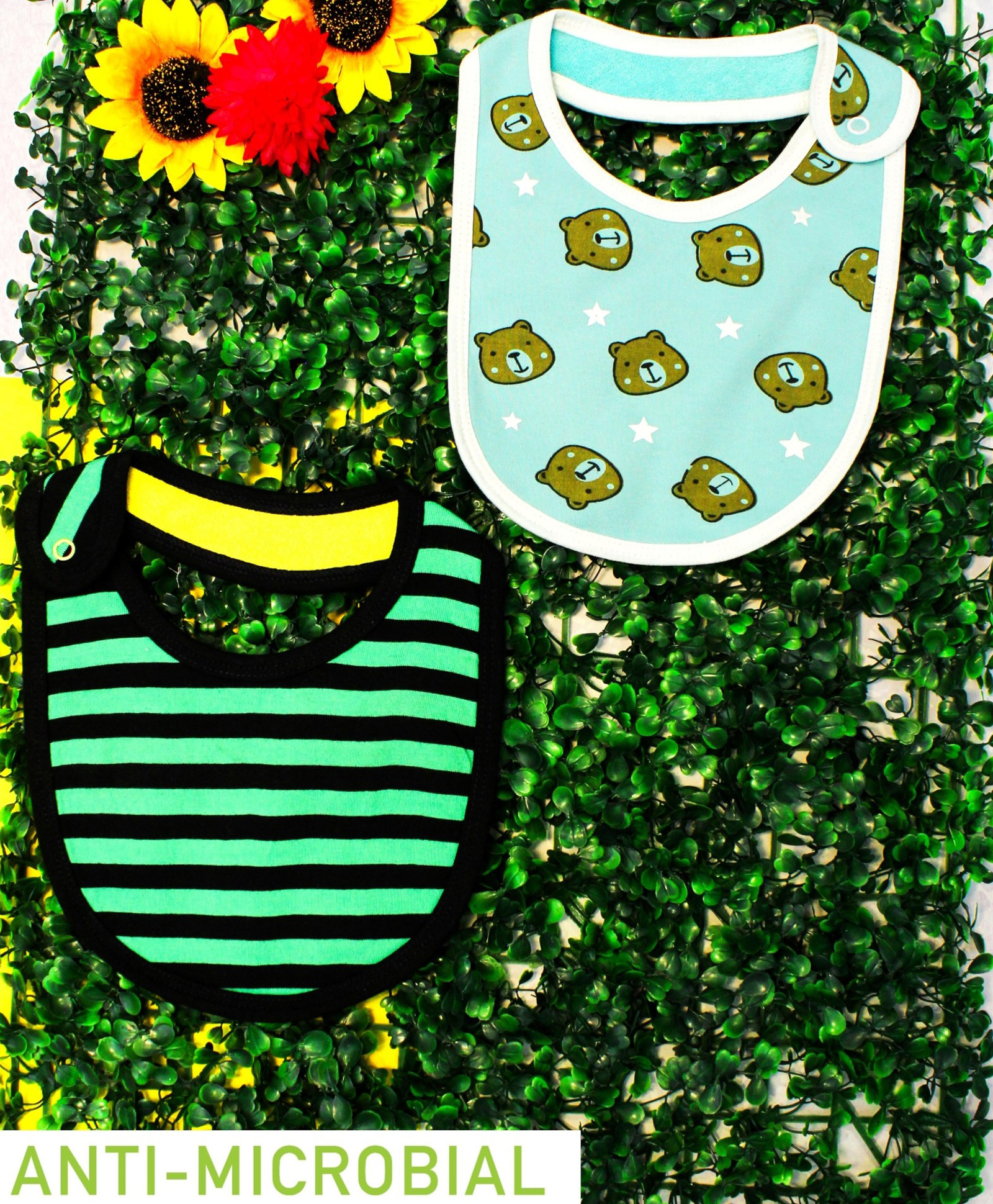 Cocoon Organics Cotton Double Sided With One Side Towel Layer Stripe & Bear Print Highly Absorbant Bibs Pack of 2 - Sky Blue Black & Green-image-28