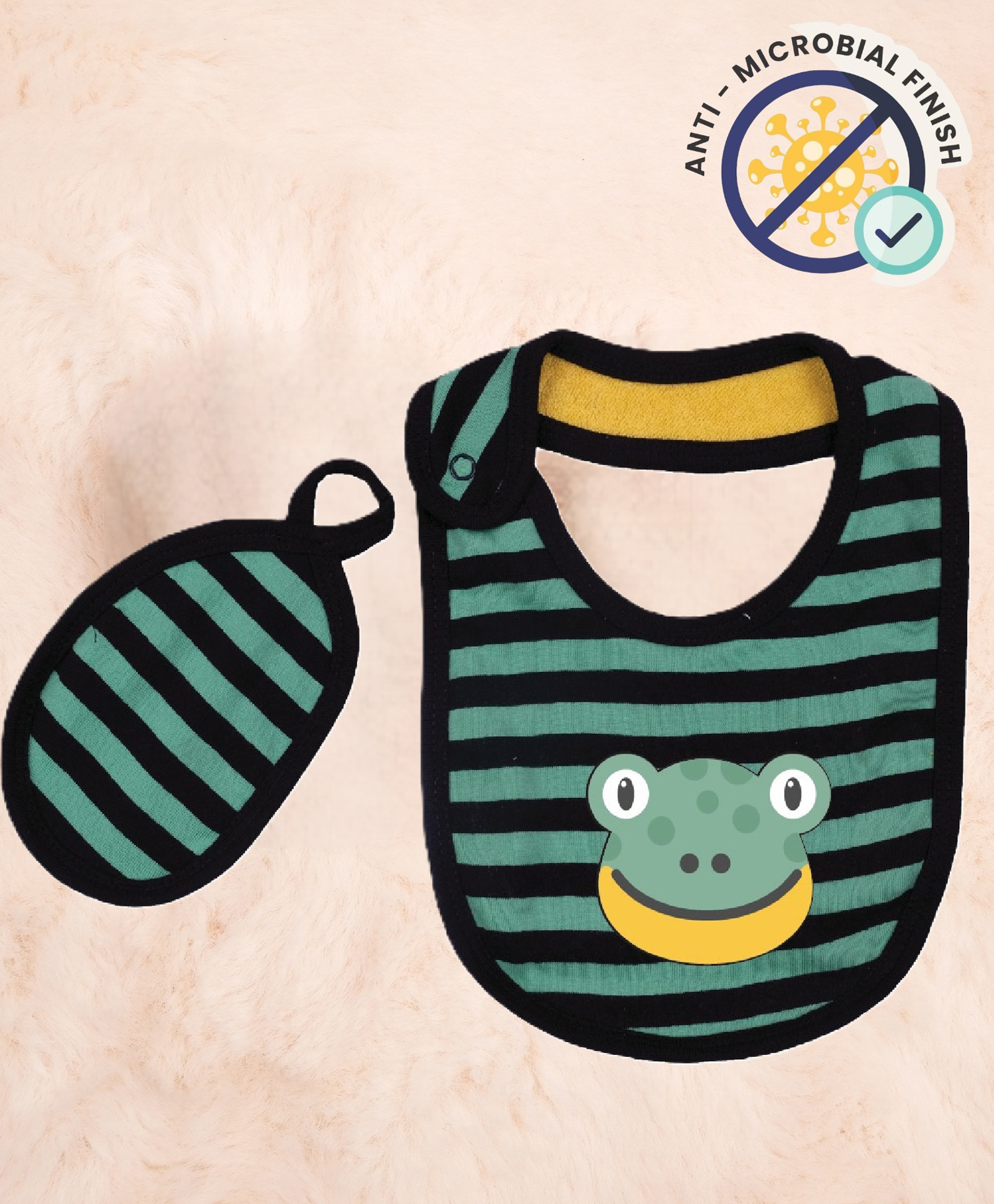 Cocoon Organics Cotton Double Sided With One Side Towel Layer Stripe & Frog Print Highly Absorbant Bibs and Face Wipe Set - Black & Green-image-29