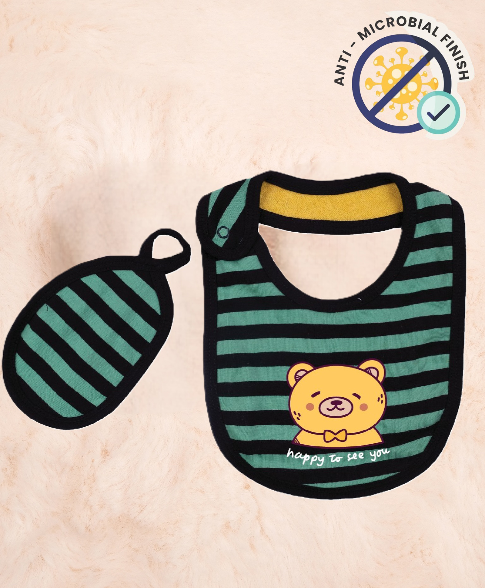 Cocoon Organics Cotton Double Sided With One Side Towel Layer Stripe & Teddy Print Highly Absorbant Bibs and Face Wipe Set - Black & Green-image-30