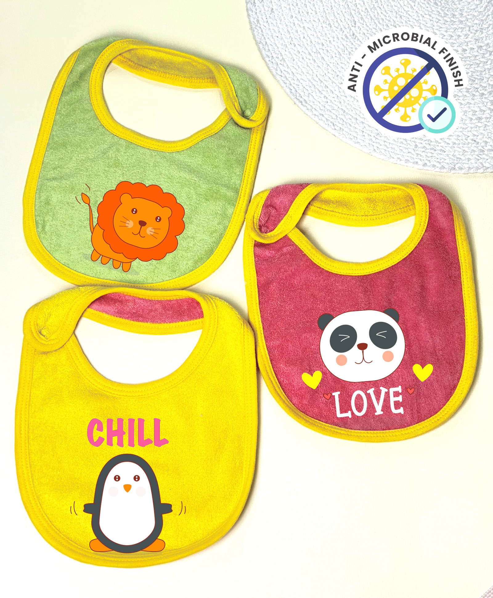 Cocoon Organics Cotton Towel Double Sided Lion Panda & Penguin Print Highly Absorbant Bibs Pack of 3 - Yellow Pink & Green-image-11