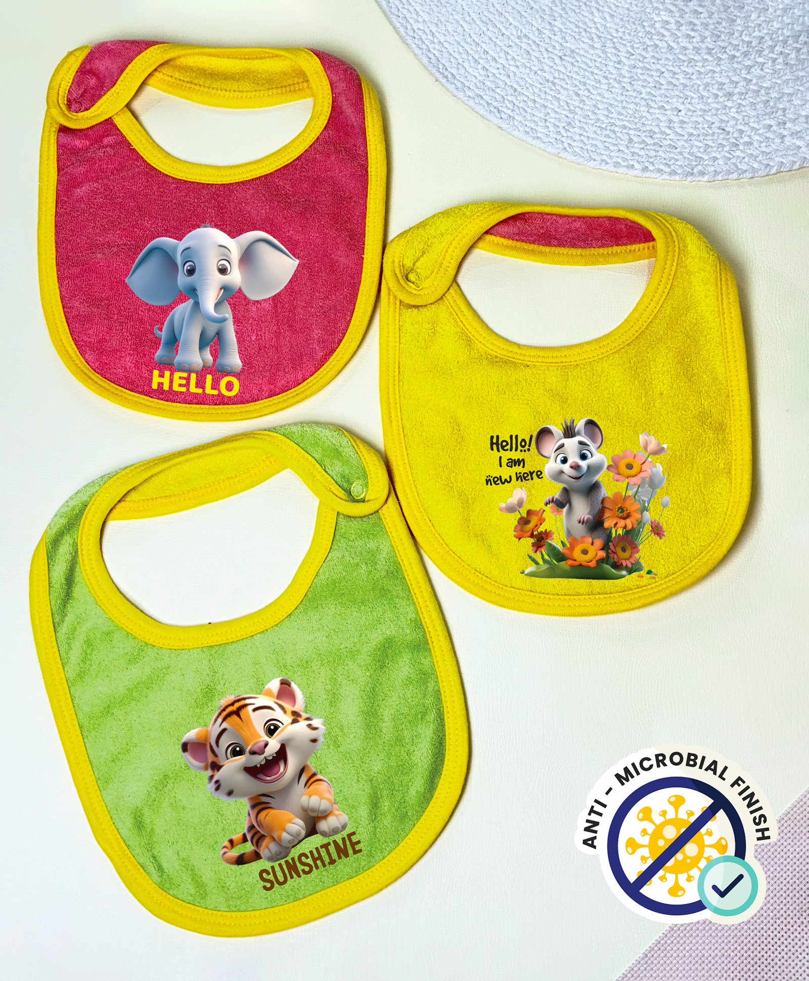 Cocoon Organics Cotton Towel Double Sided Elephant Tiger & Mouse Print Highly Absorbant Bibs Pack of 3 - Yellow Pink & Green-image-31