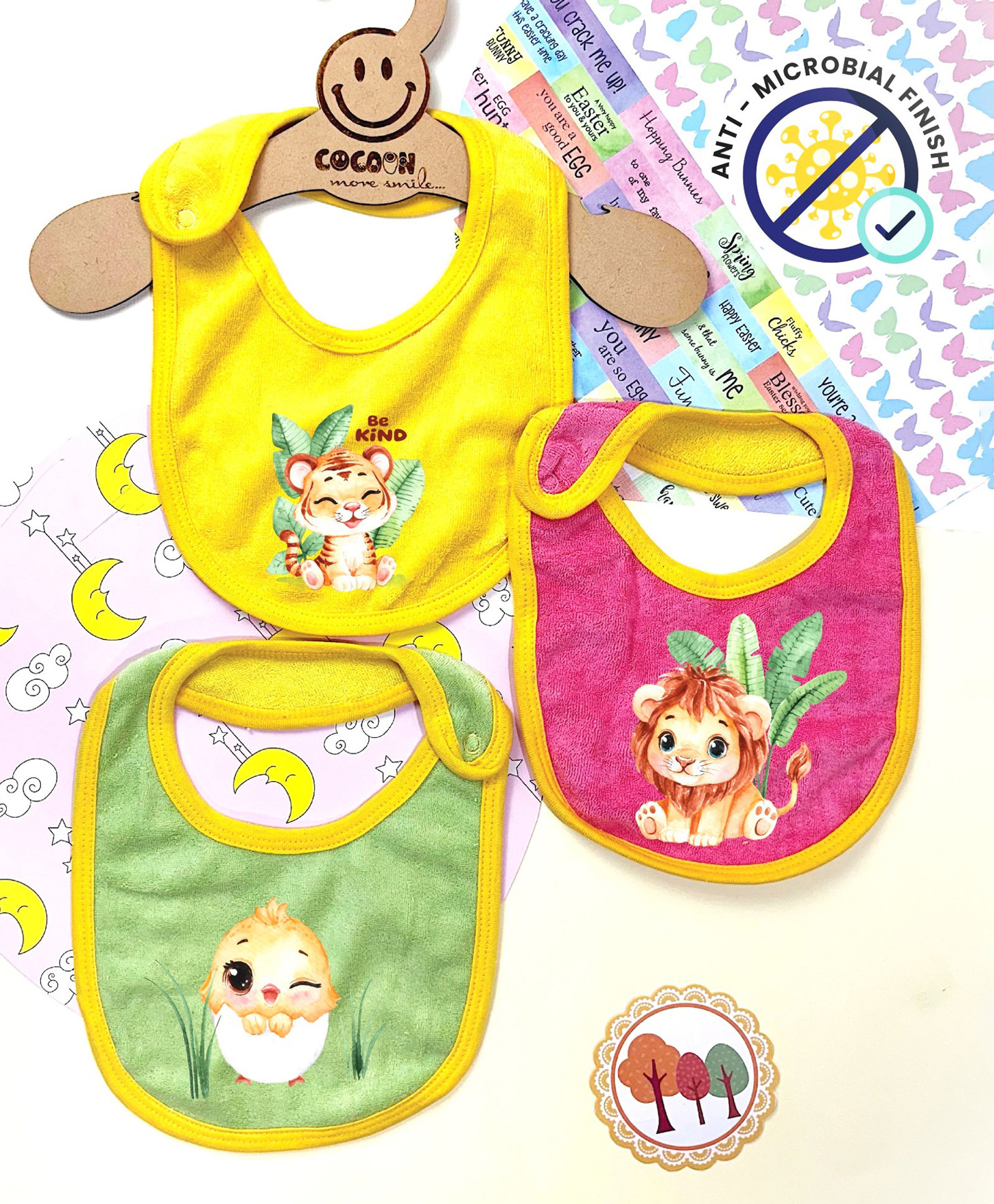 Cocoon Organics Cotton Towel Double Sided Lion Tiger & Bird Print Highly Absorbant Bibs Pack of 3 - Yellow Pink & Green-image-32