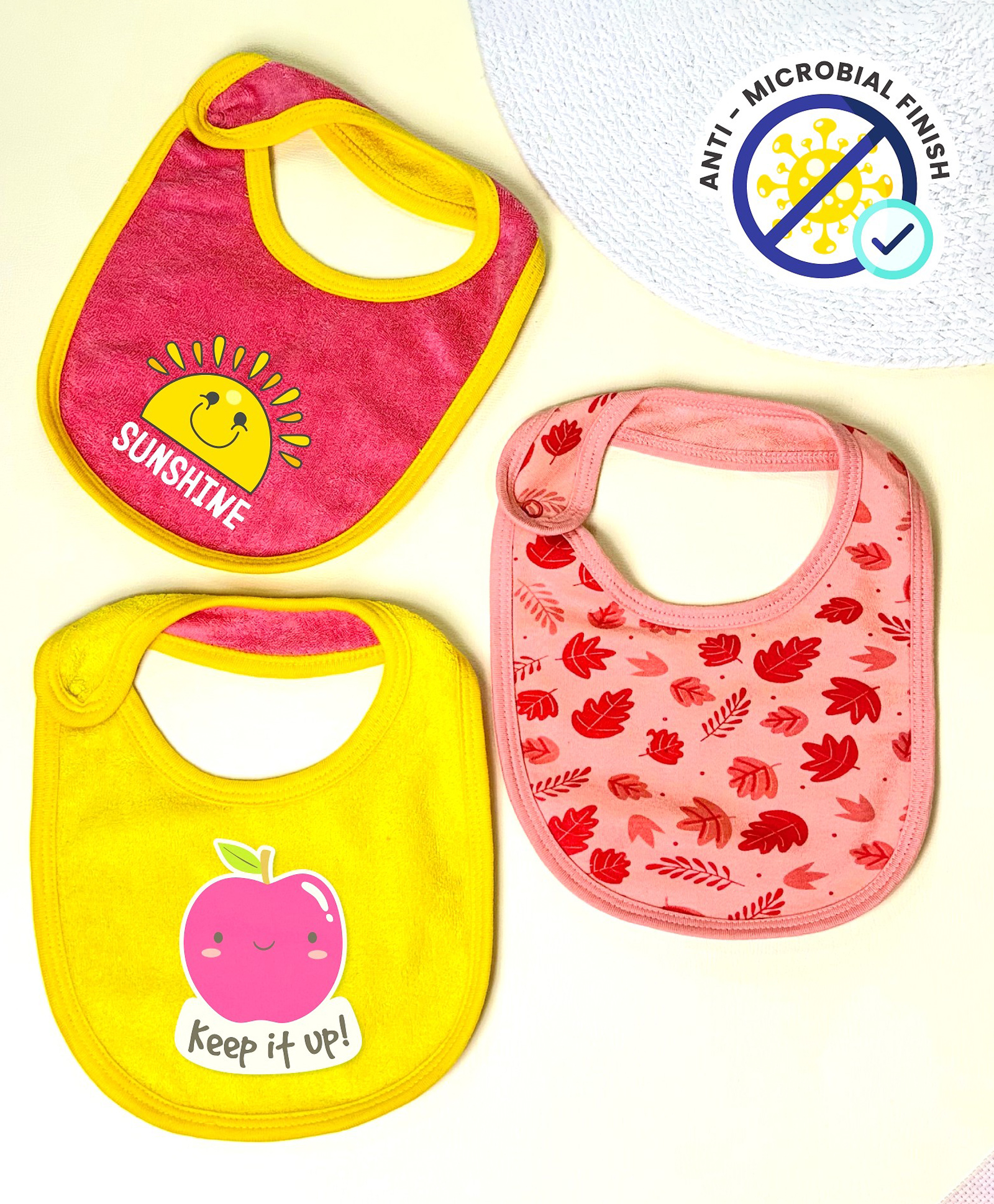 Cocoon Organics Cotton Towel Double Sided Flower Fruit & Sunshine Print Highly Absorbant Bibs Pack of 3 - Yellow Pink & Peach-image-33