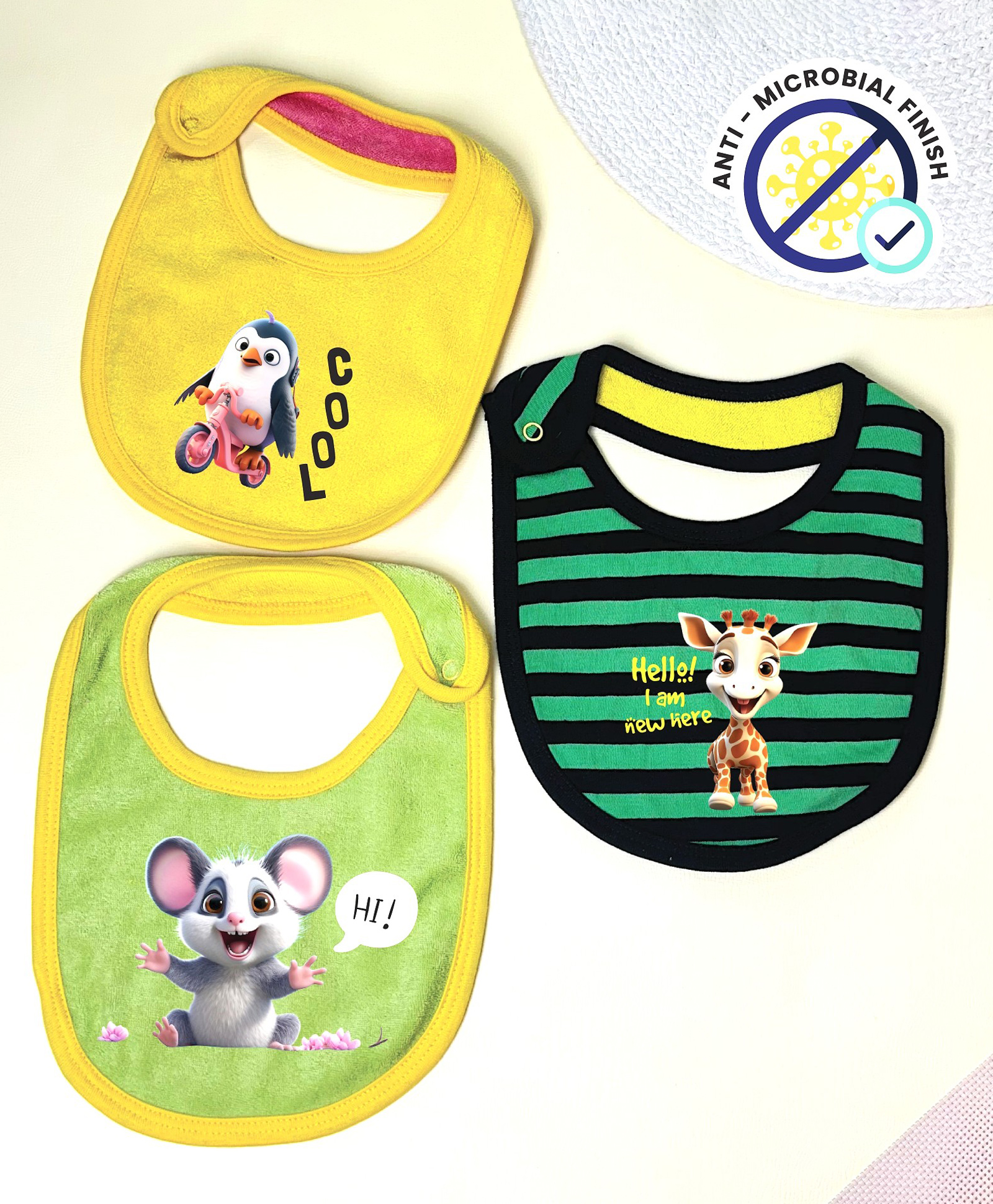 Cocoon Organics Cotton Towel Double Sided Penguin Giraffe & Mouse Print Highly Absorbant Bibs Pack of 3 - Yellow Green & Black-image-34