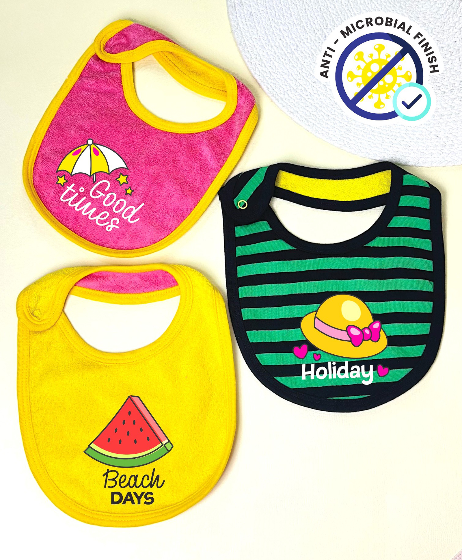 Cocoon Organics Cotton Towel Double Sided Beach Holiday Theme Print Highly Absorbant Bibs Pack of 3 - Yellow Pink Green & Black-image-35