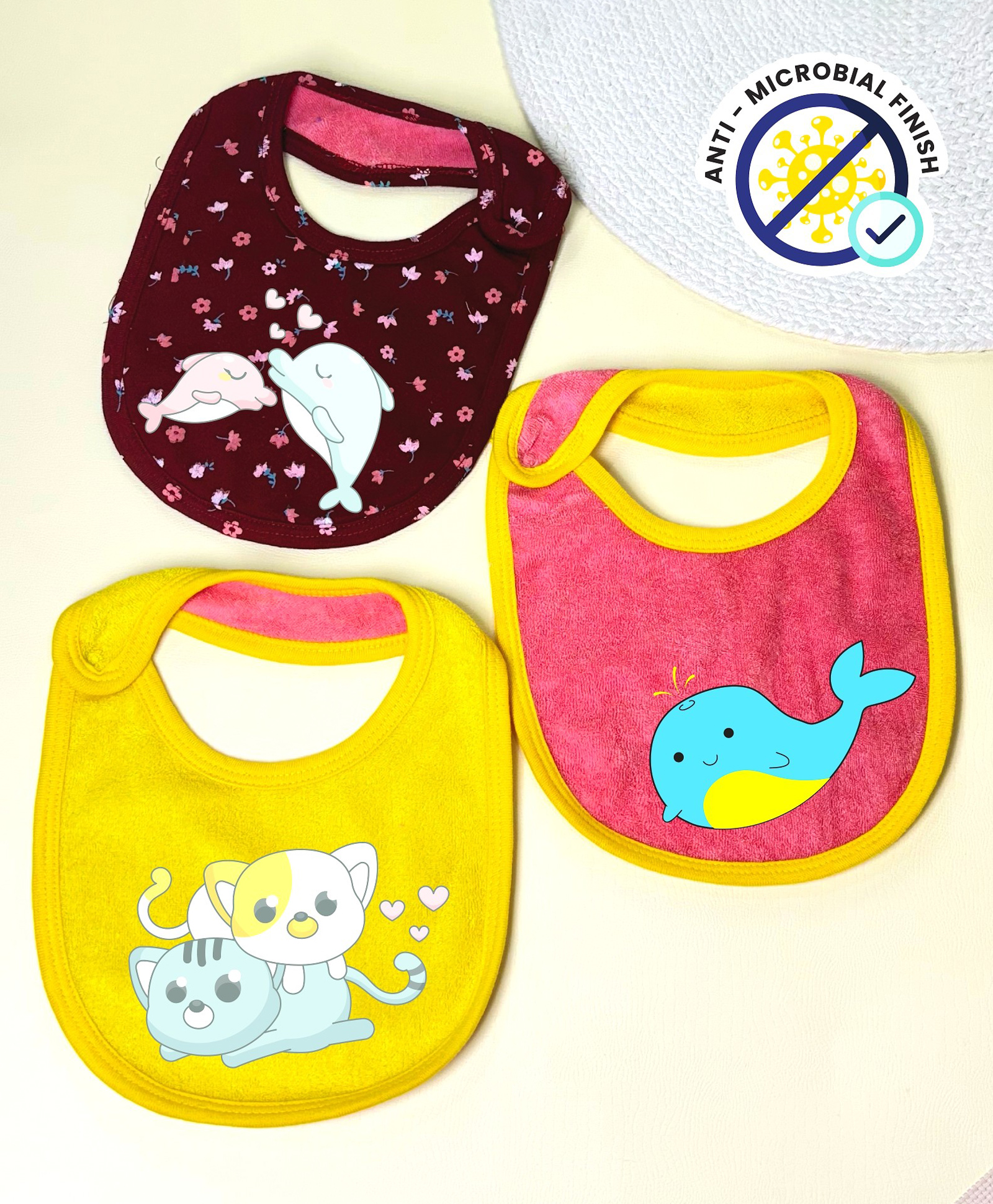 Cocoon Organics Cotton Towel Double Sided Cat & Fish Print Highly Absorbant Bibs Pack of 3 - Yellow Pink & Dark Red-image-36