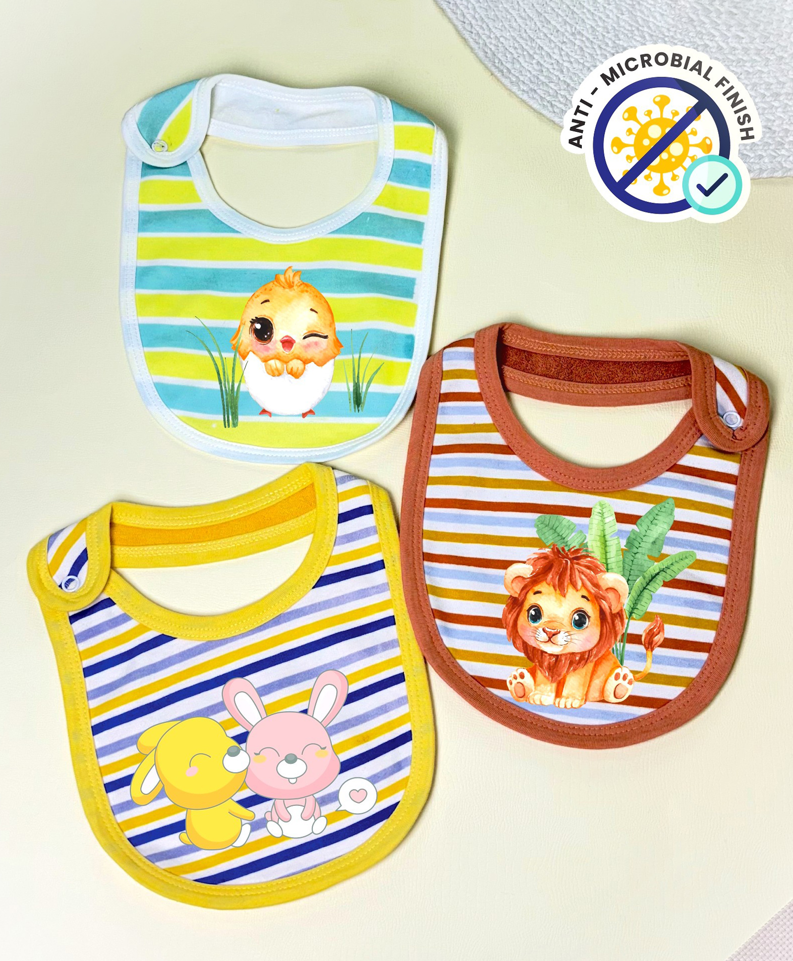Cocoon Organics Cotton Towel Double Sided Striper Lion Bird & Bunny Print Highly Absorbant Bibs Pack of 3 - Yellow Green Brown & Sky Blue-image-25