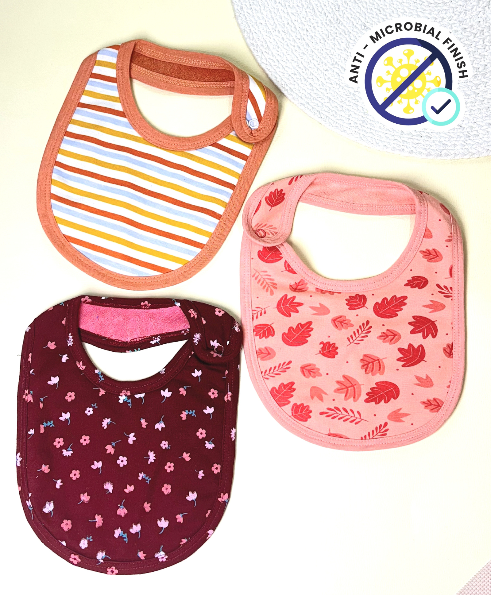 Cocoon Organics Cotton Towel Double Sided Striper & Flower Print Highly Absorbant Bibs Pack of 3 - Peach Brown & Dark Red-image-24