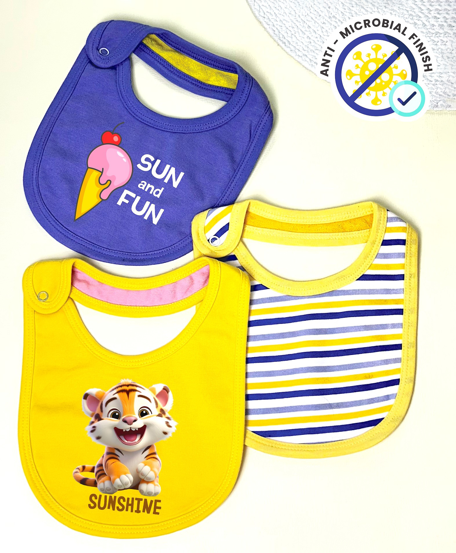 Cocoon Organics Cotton Towel Double Sided Striper & Tiger Icecream Print Highly Absorbant Bibs Pack of 3 - Yellow & Blue-image-37