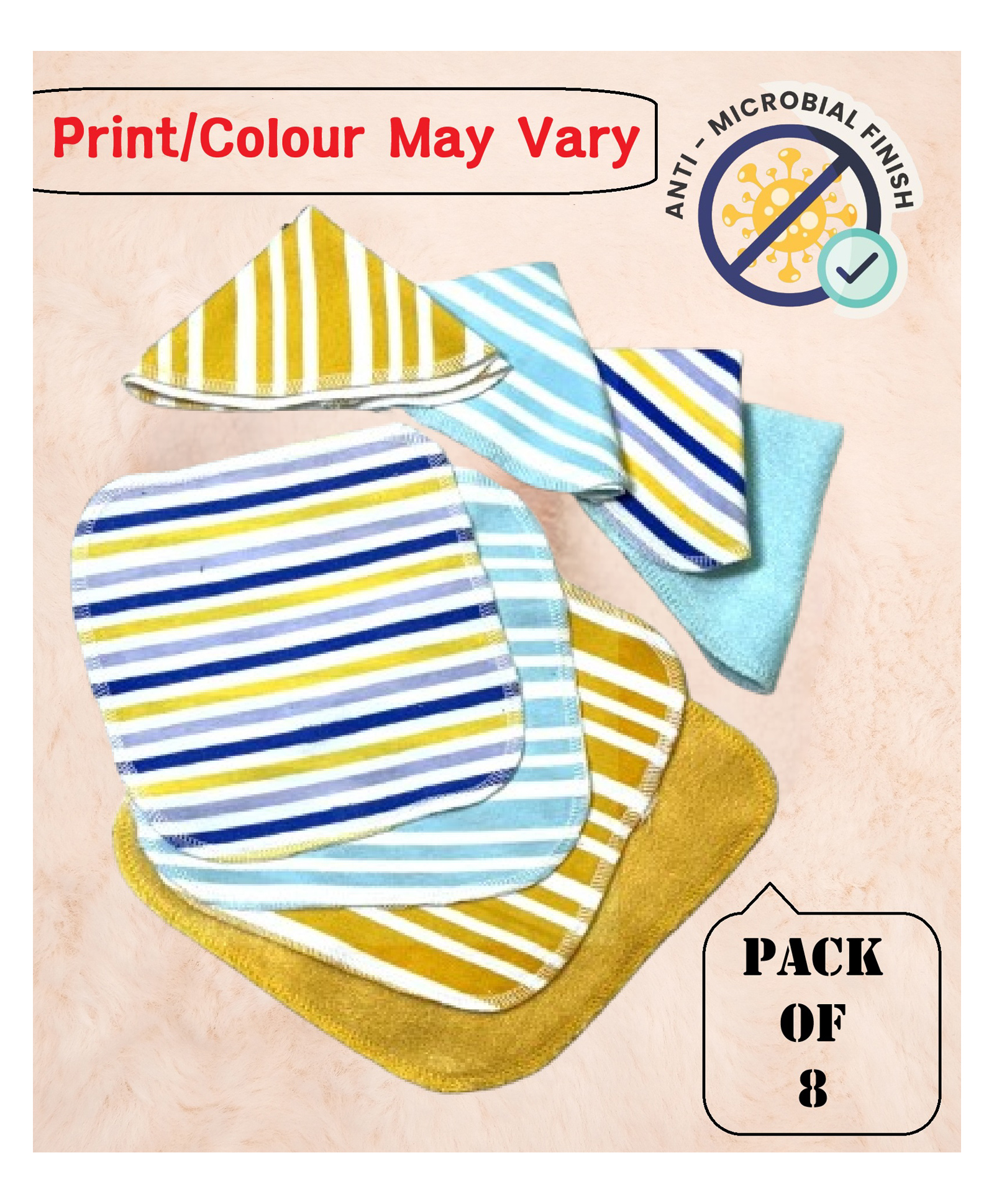 Cocoon Organics Cotton Solid Towel & Striper Print Interlock Wash Cloth Pack of 8 - Yellow Sky Blue (Print / Colour May Vary)-image-17
