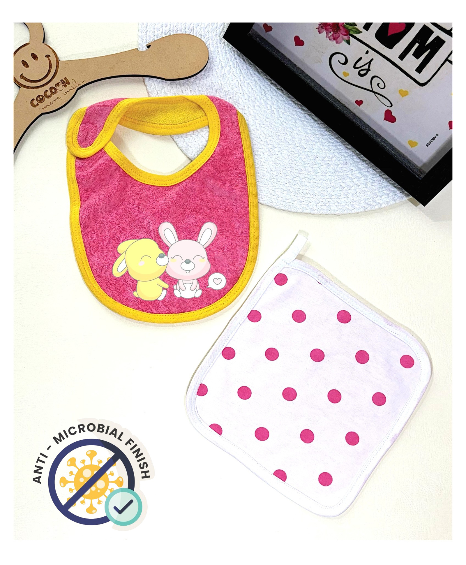 Cocoon Organics Cotton Towel Double Layer Bunny Print Bib & Polka Dot Print Wash Cloth - Pink White-image-19