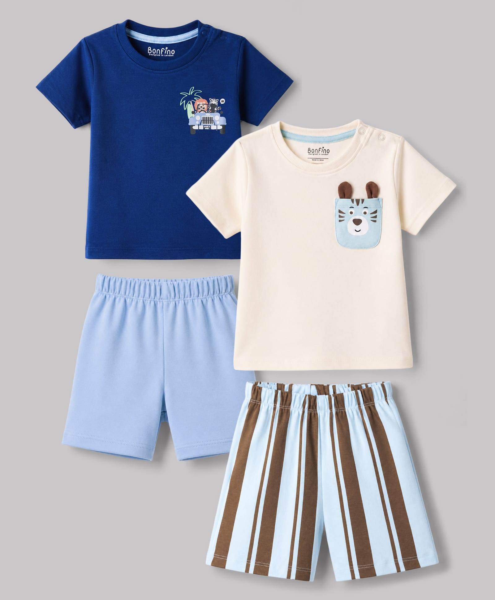 Bonfino 100% Cotton Knit Half Sleeves Striped & Animal Printed T-Shirts & Shorts Night Suit Pack Of 2 - Multicolor-image-47