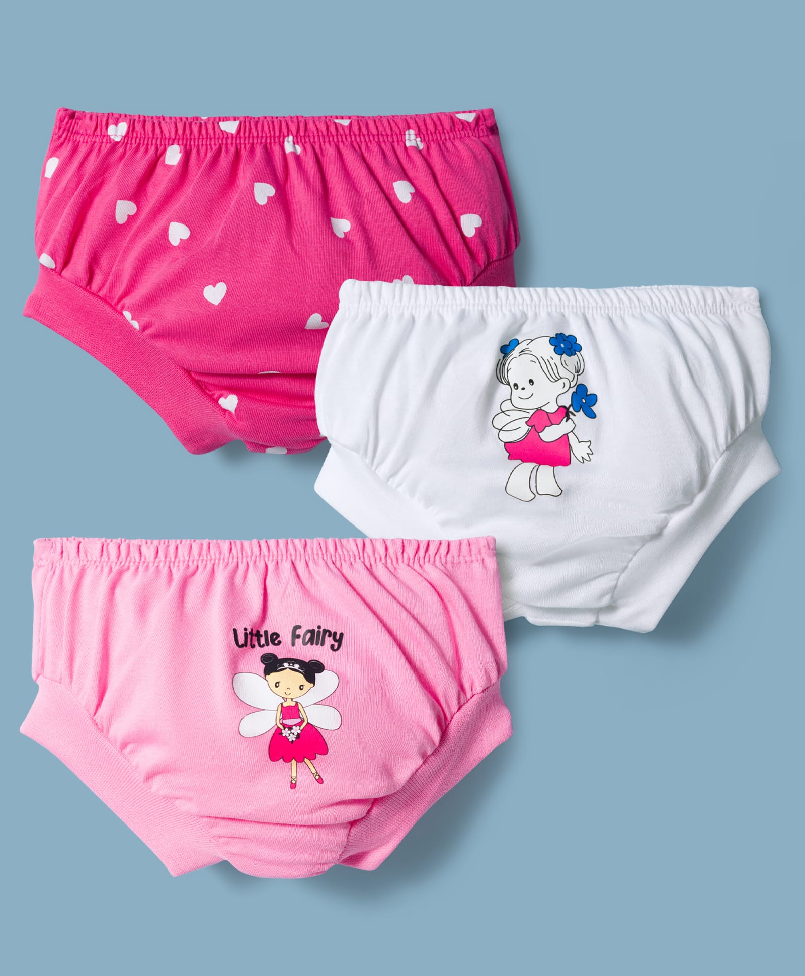 Doodle Poodle 100% Cotton Knit Panties Heart & Fairy Print Pack of 3 - White & Pink-image-10