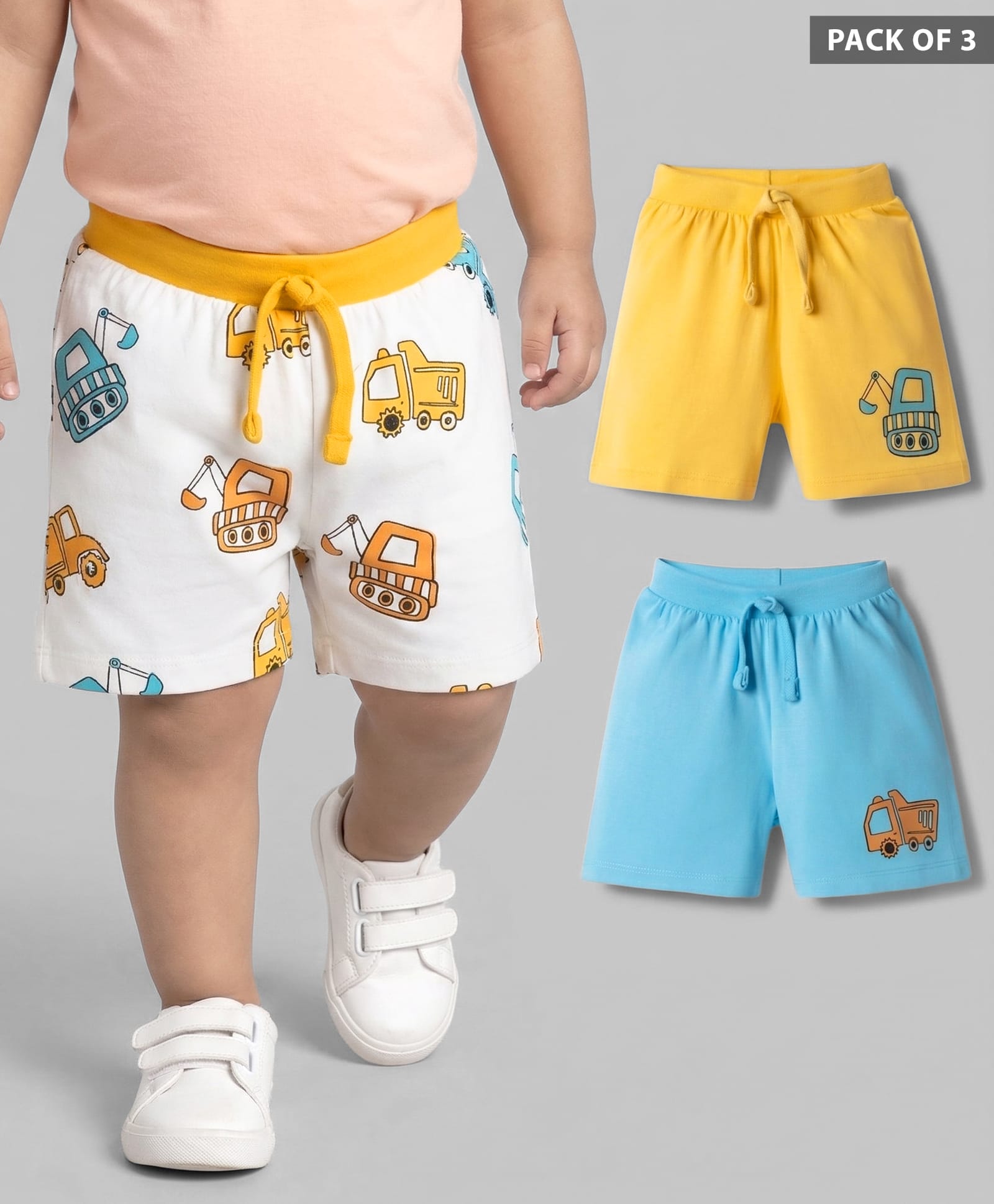 Babyhug Cotton Knit Mid Thigh Construction Vehicles Printed Shorts Pack Of 3 - Multi Color-picture-12