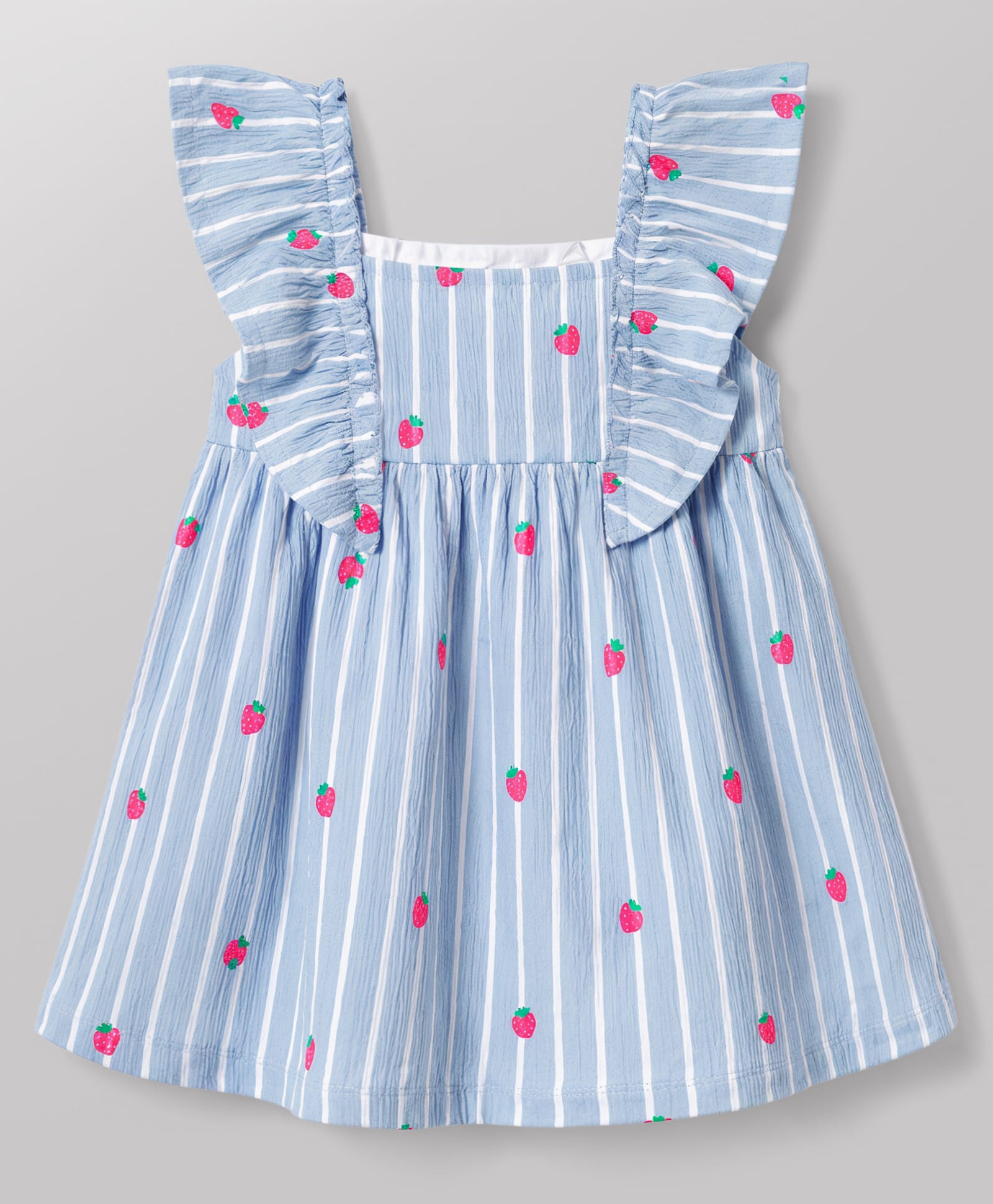 Babyhug 100% Cotton Knit Frill Sleeves Strawberry Printed & Striped Frock - Light Blue-image-44