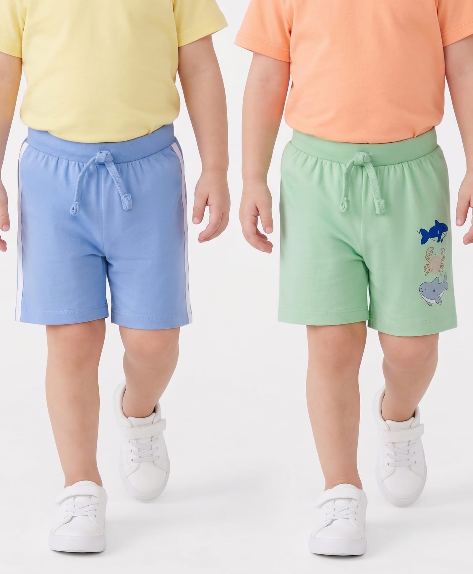 Babyhug Cotton Knit Mid Thigh Length Shorts with Sea Life Print & Tape Detailing Pack of 2 - Multicolor-picture-20