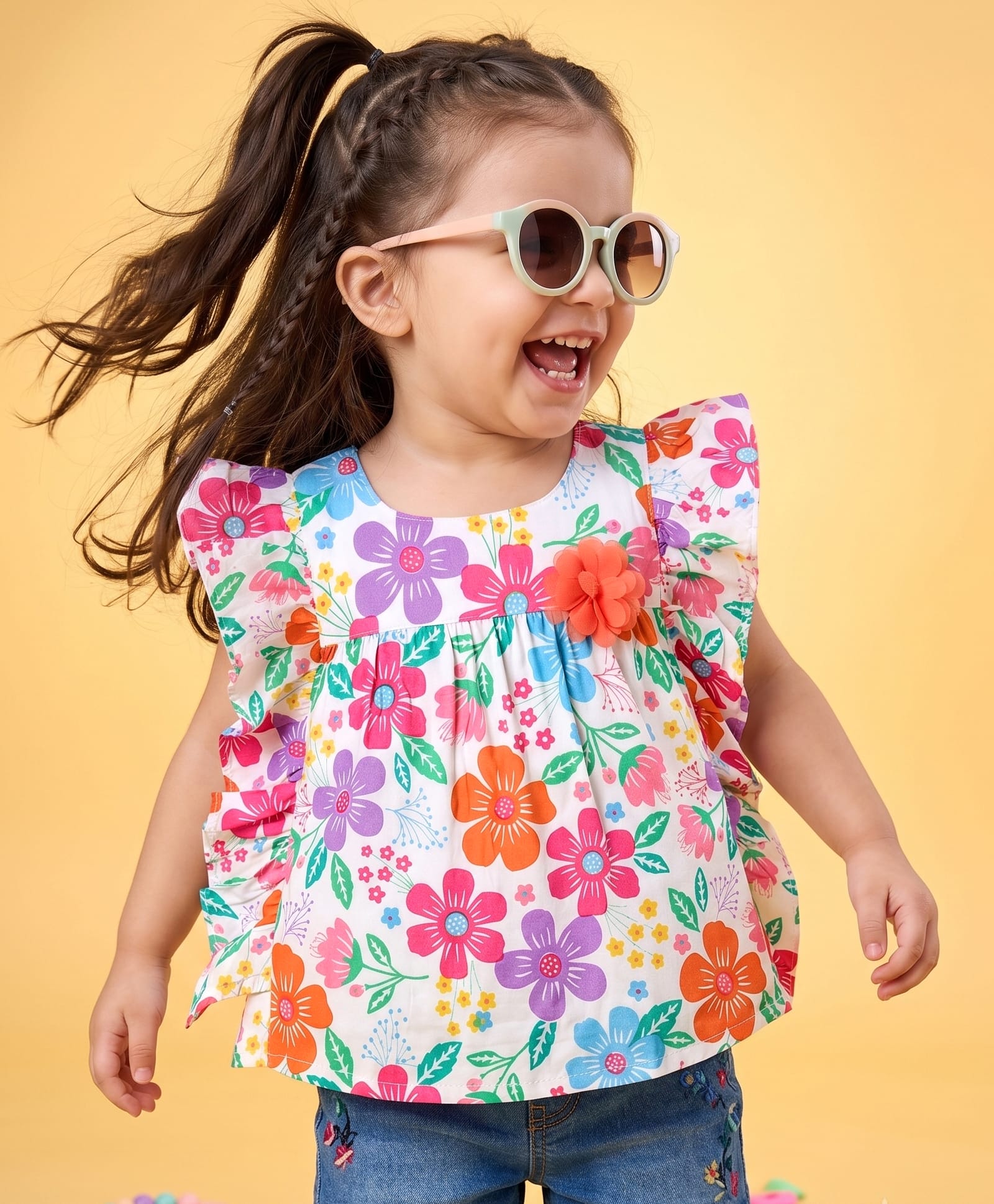 Babyhug Cotton Woven Half Frill Sleeves Floral Printed Top With Applique - Multicolor-image-28