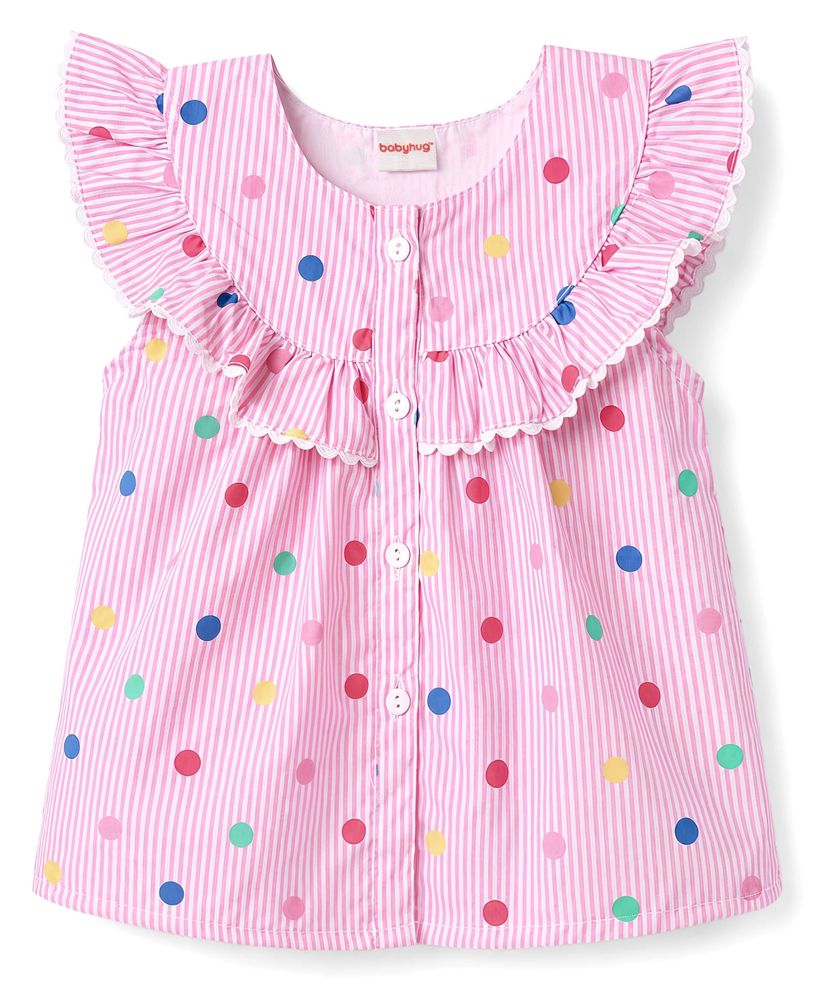 Babyhug Cotton Woven Sleeveless Striped Top With Schiffli Detailing & Polka Dots Print - MUlticolor-picture-18